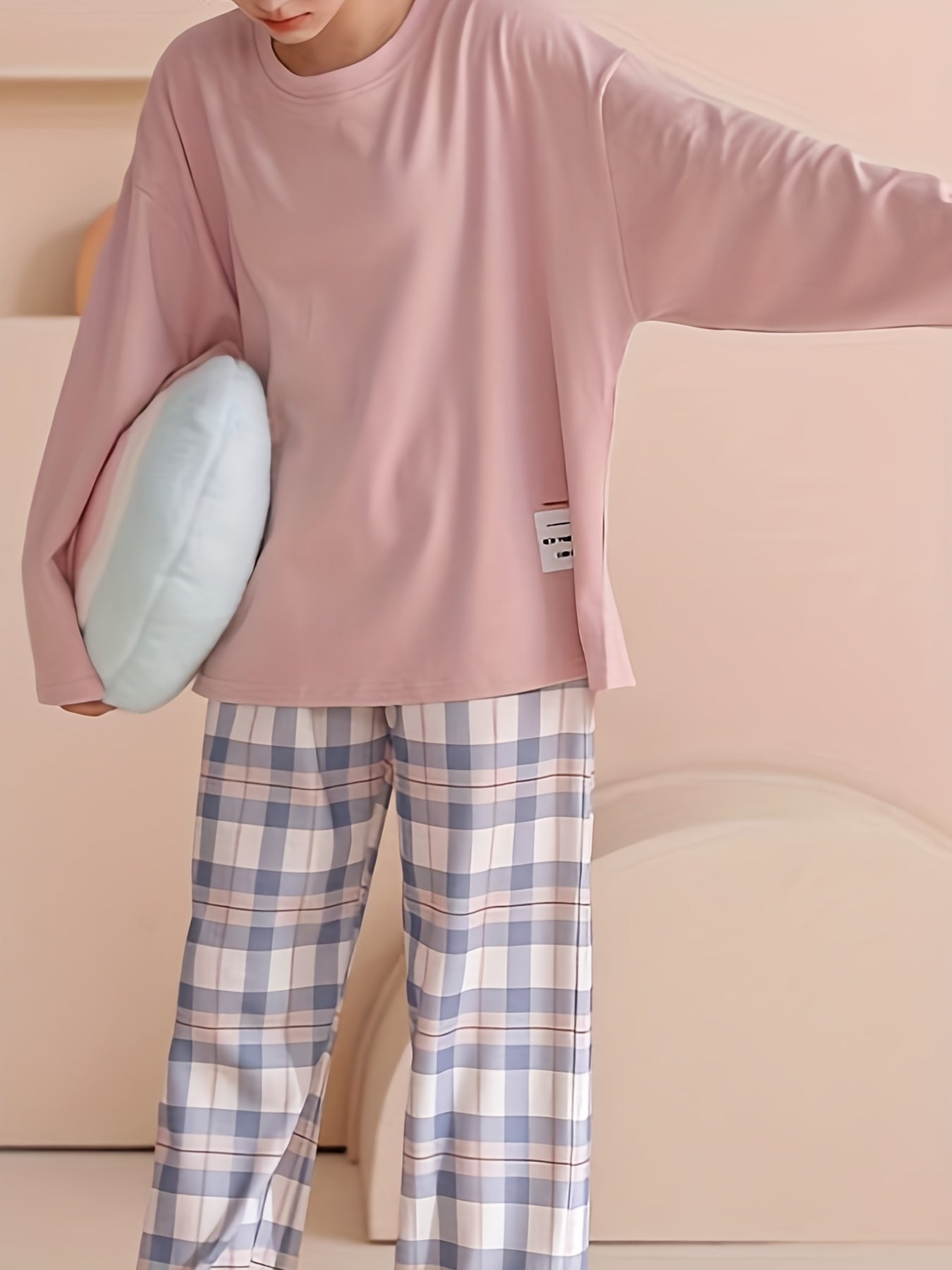 Teen Plaid Long Sleeve Pajama Set for Spring and Fall Polyester Casual Home Wear