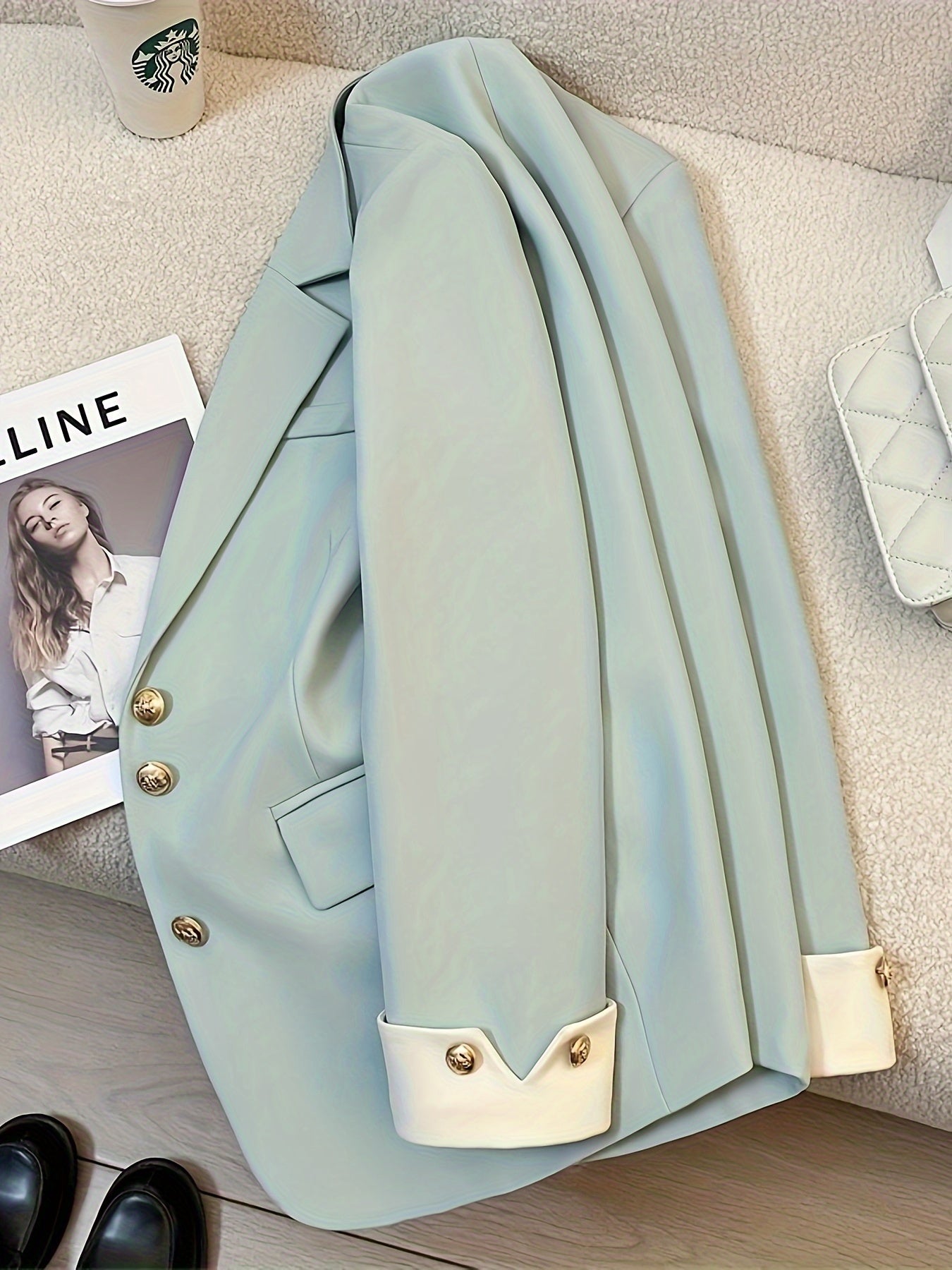 Solid Color Women's Blazer with Single-Breasted Lapel Collar for Office Work Spring Fall