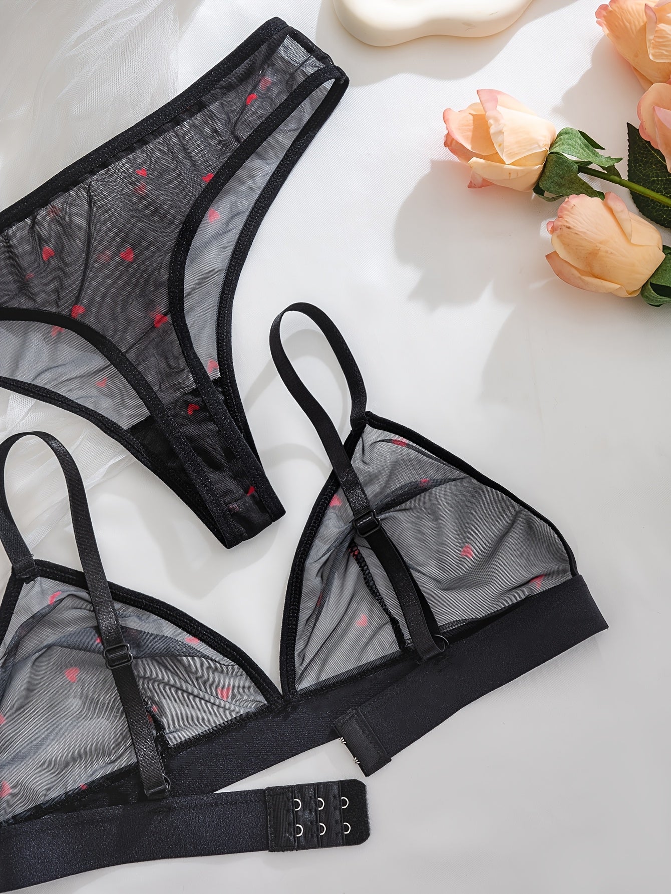Black and Red Heart Mesh Lingerie Set Sheer Back Bra and Low-Rise Thong