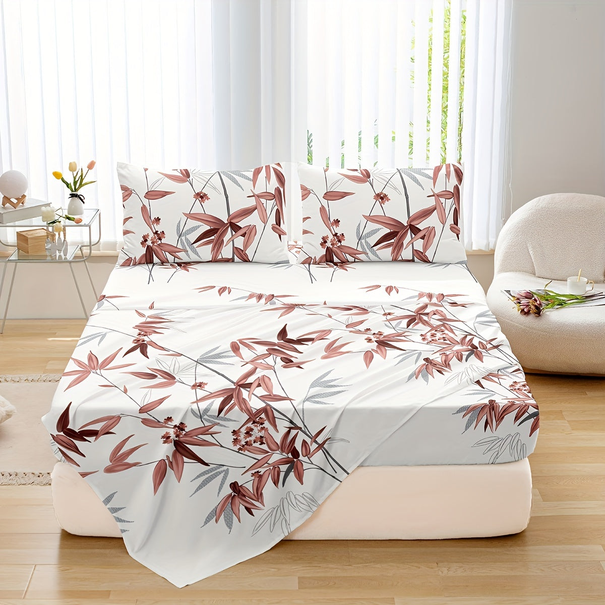 Conjunto de ropa de cama con estampado de hojas de bambú transpirable que incluye sábanas planas y ajustables, fundas de almohada, 4 piezas