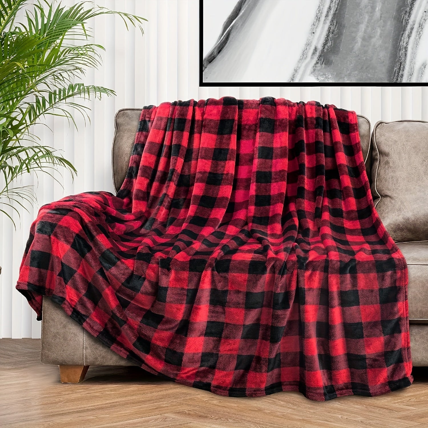 Plaid Flannel Fleece Throw Blanket for Couch and Bed Black Red Checkered