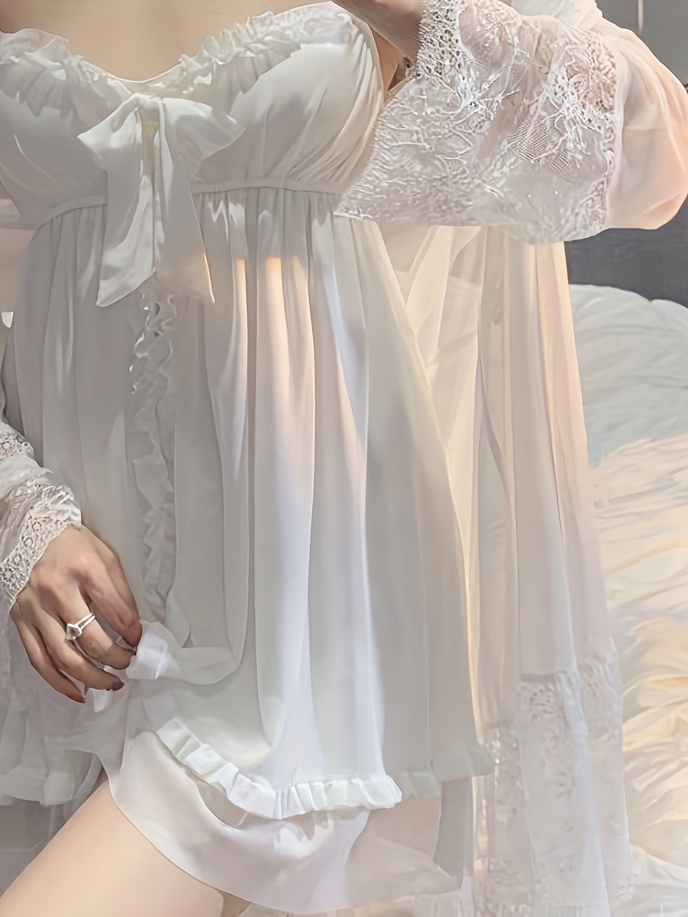 Women's Silk-Like Loungewear Set with Camisole and Lace Robe for Adults