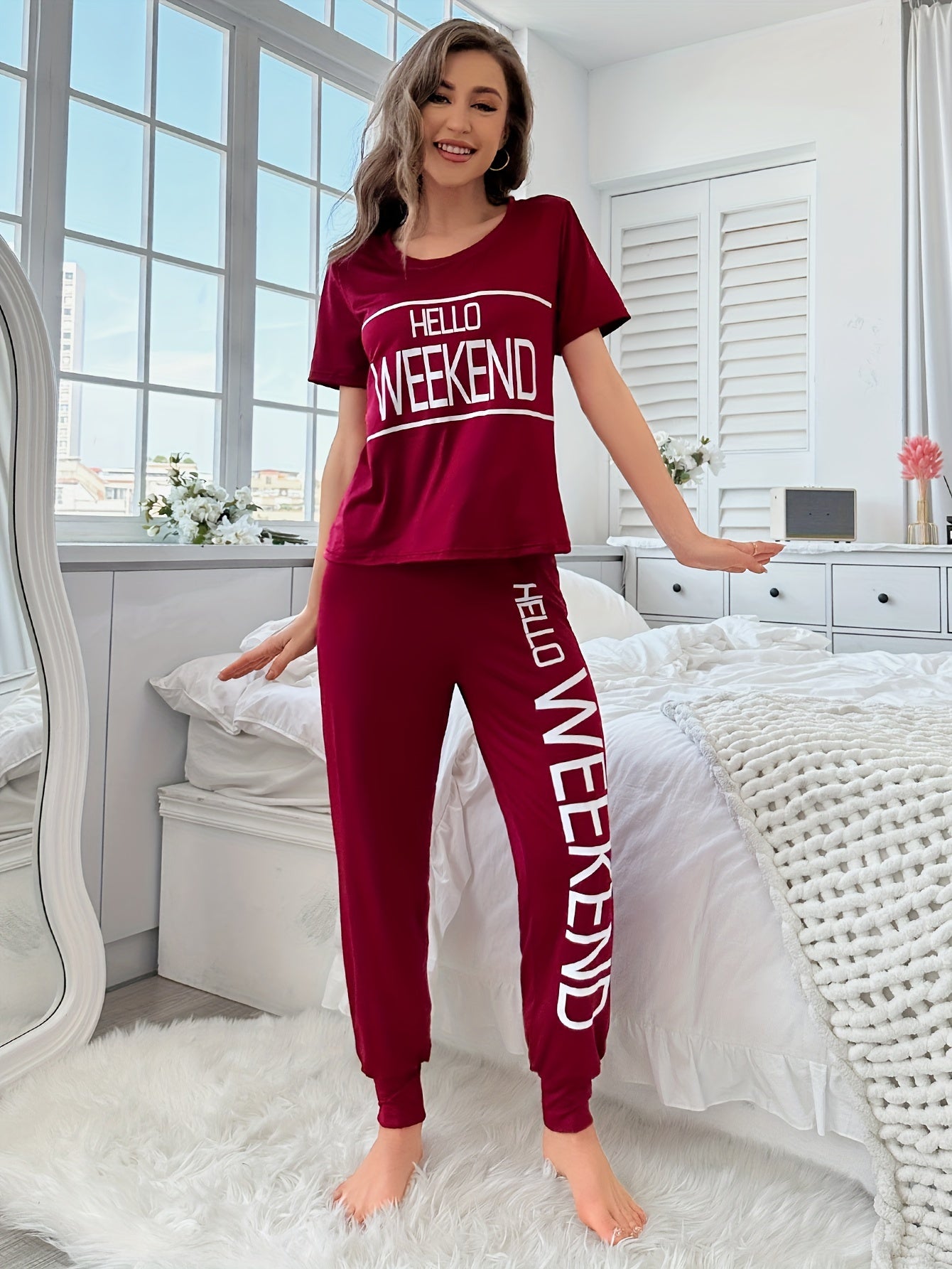 Women's Sleepwear Set with Letter Pattern Short Sleeve Top and Long Pants Summer Casual Knit Polyester