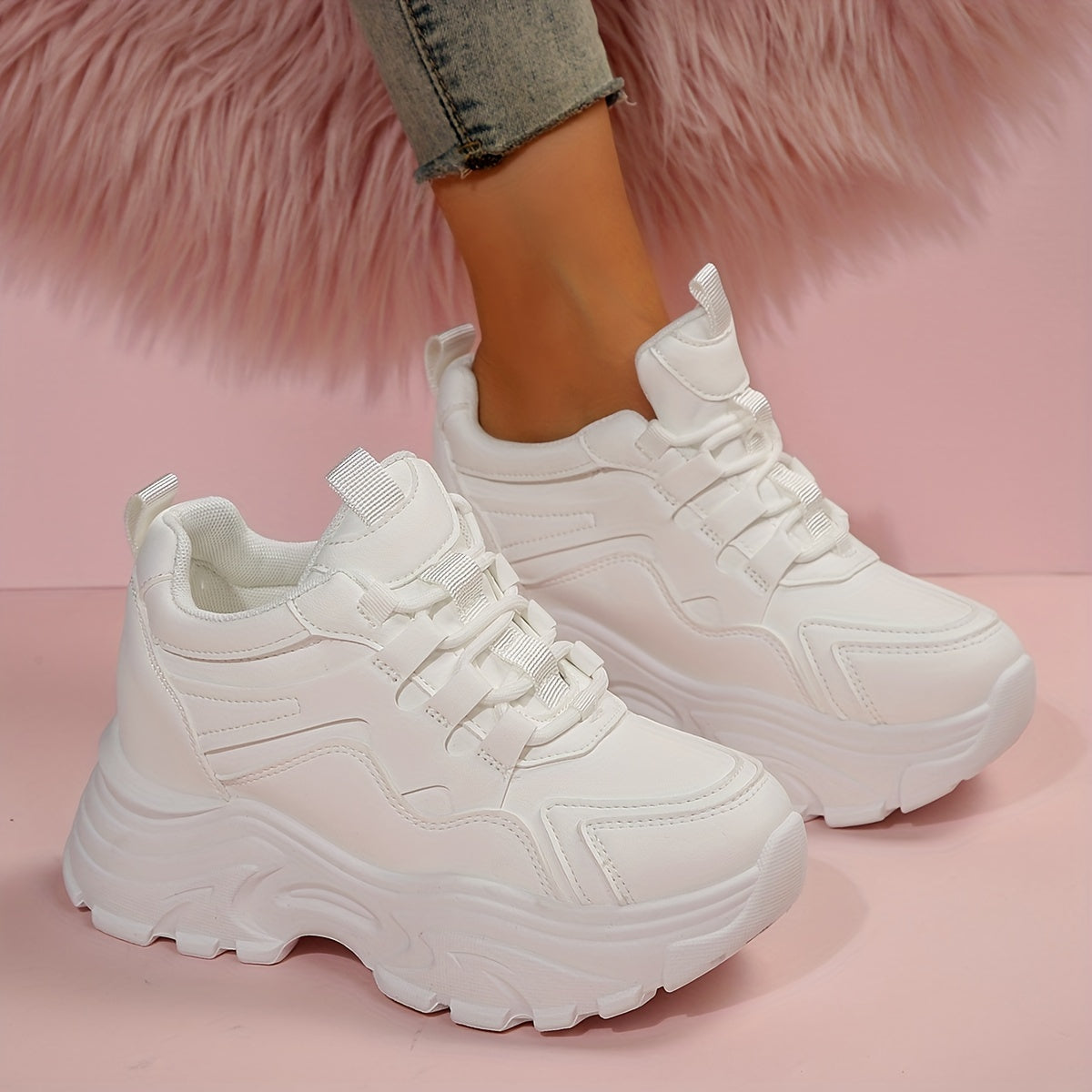 Women's White Platform Sneakers Casual Lace-Up Thick Sole All-Season