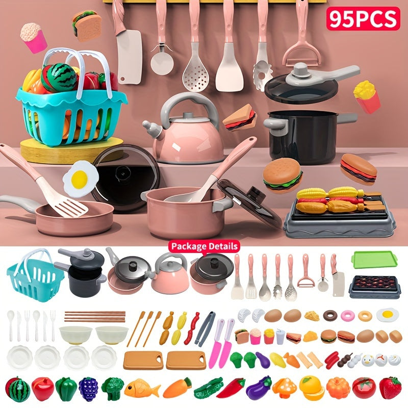 Kids Kitchen Play Set for Children Aged 3 Plus with 32-95 Pieces Including Fruits Vegetables Utensils Colorful Role Play Toy