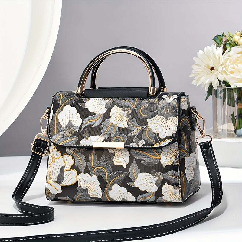 Large Capacity Floral Embroidered Crossbody Bag with Zipper Closure and Polyester Lining