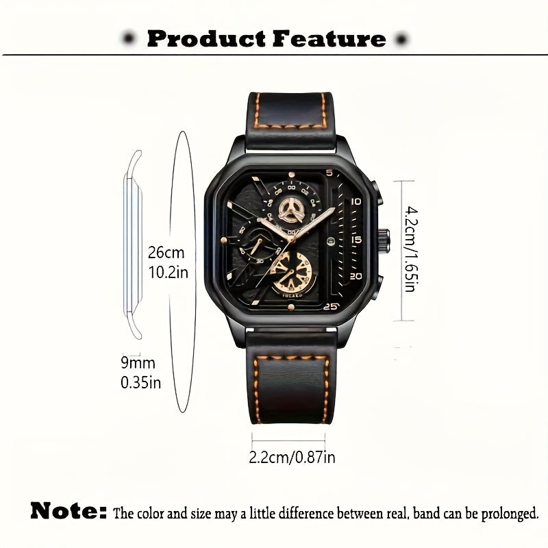 Men's Sports Watch Quartz Square Alloy Case Faux Leather Strap Non-Waterproof Calendar