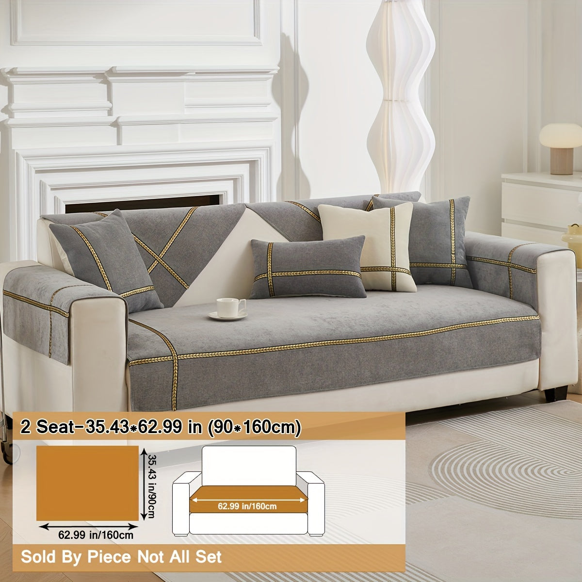 Серый чехол на диван из шенилля с золотой плетеной отделкой, противоскользящий, подходит для домашних животных, для 1-4 местных