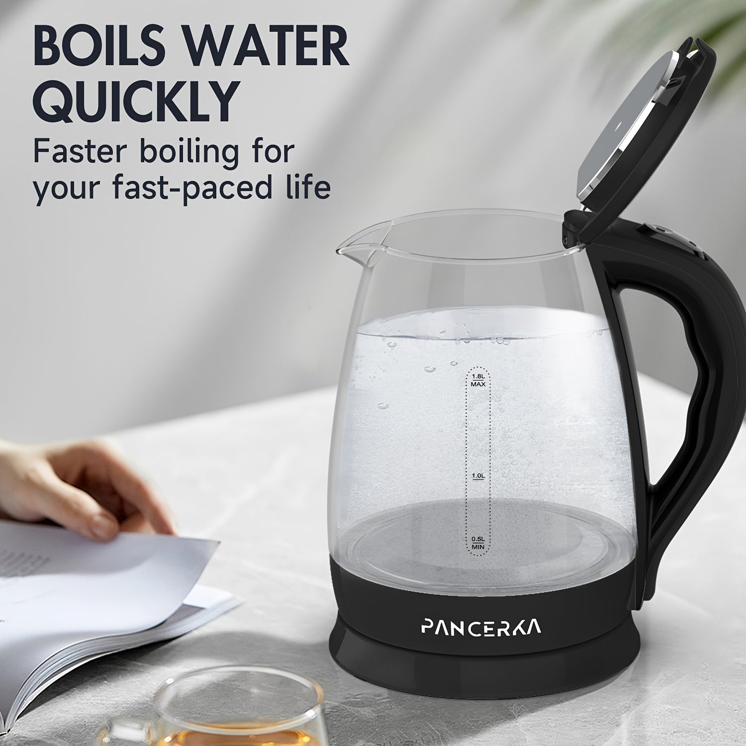 Electric Kettle 1.8L Borosilicate Glass 1500W Auto Shutoff Boil-Dry Protection