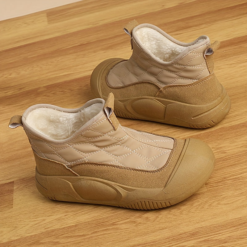 Unisex Fleece-Lined Snow Boots Quilted Winter Shoes Beige