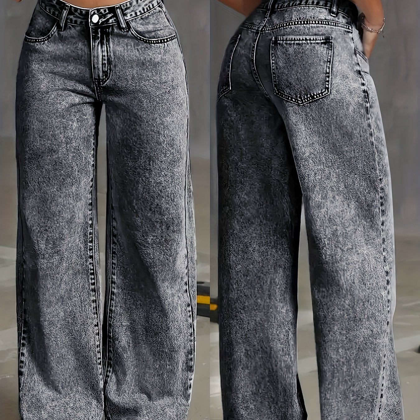Women's High-Waist Straight Leg Jeans Denim Cotton Blend Snowflake Wash All-Season