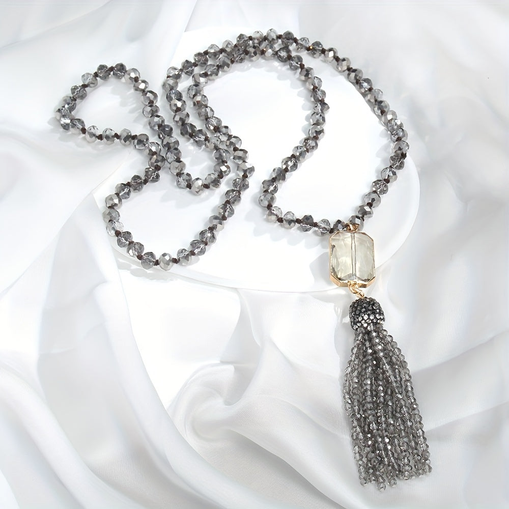 Boho Chic Glass Bead Necklace with Tassel for Women Spring Knotted Design