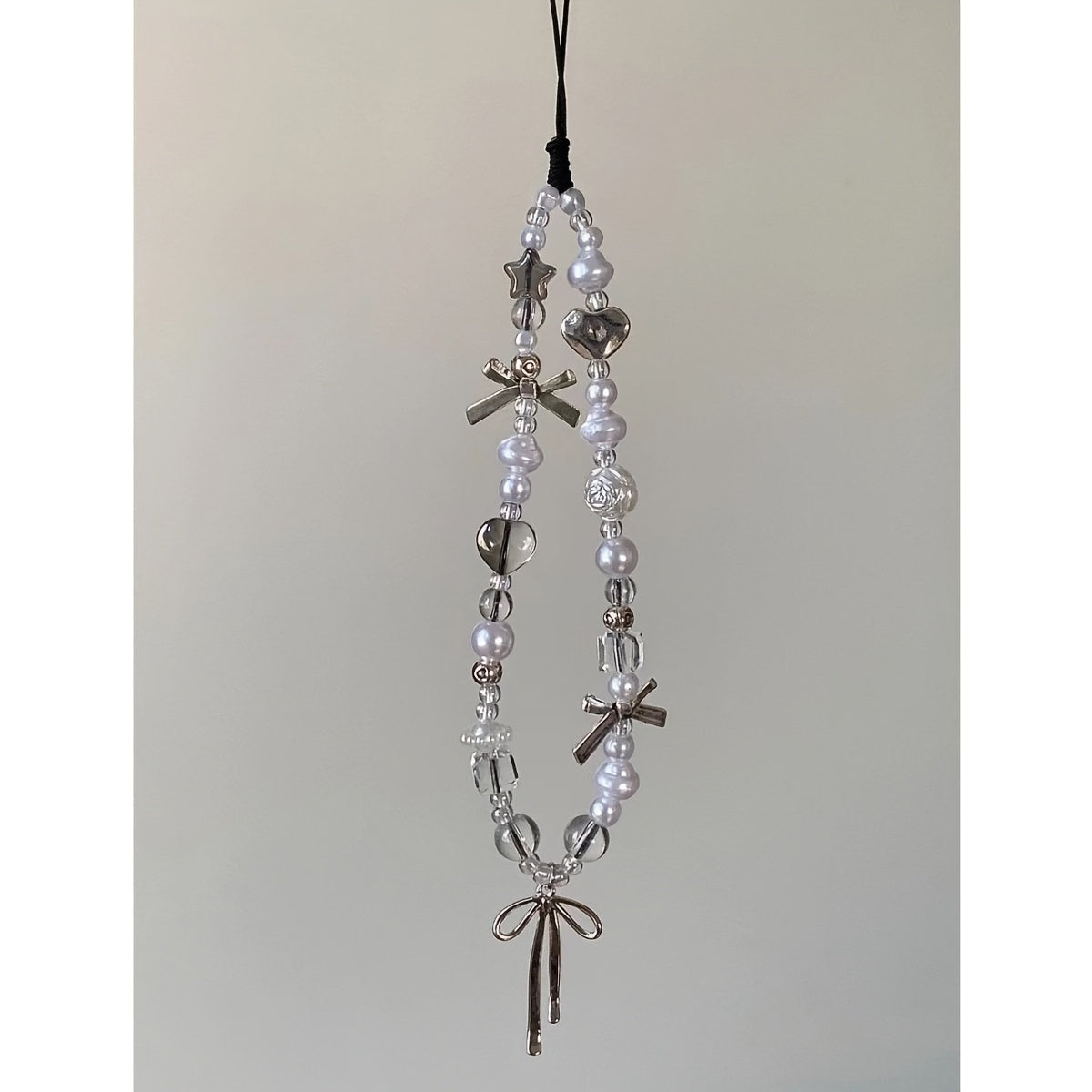 Silvery Gray 3D Bow Phone Accessory with Pearl Beads for Mobile Phones
