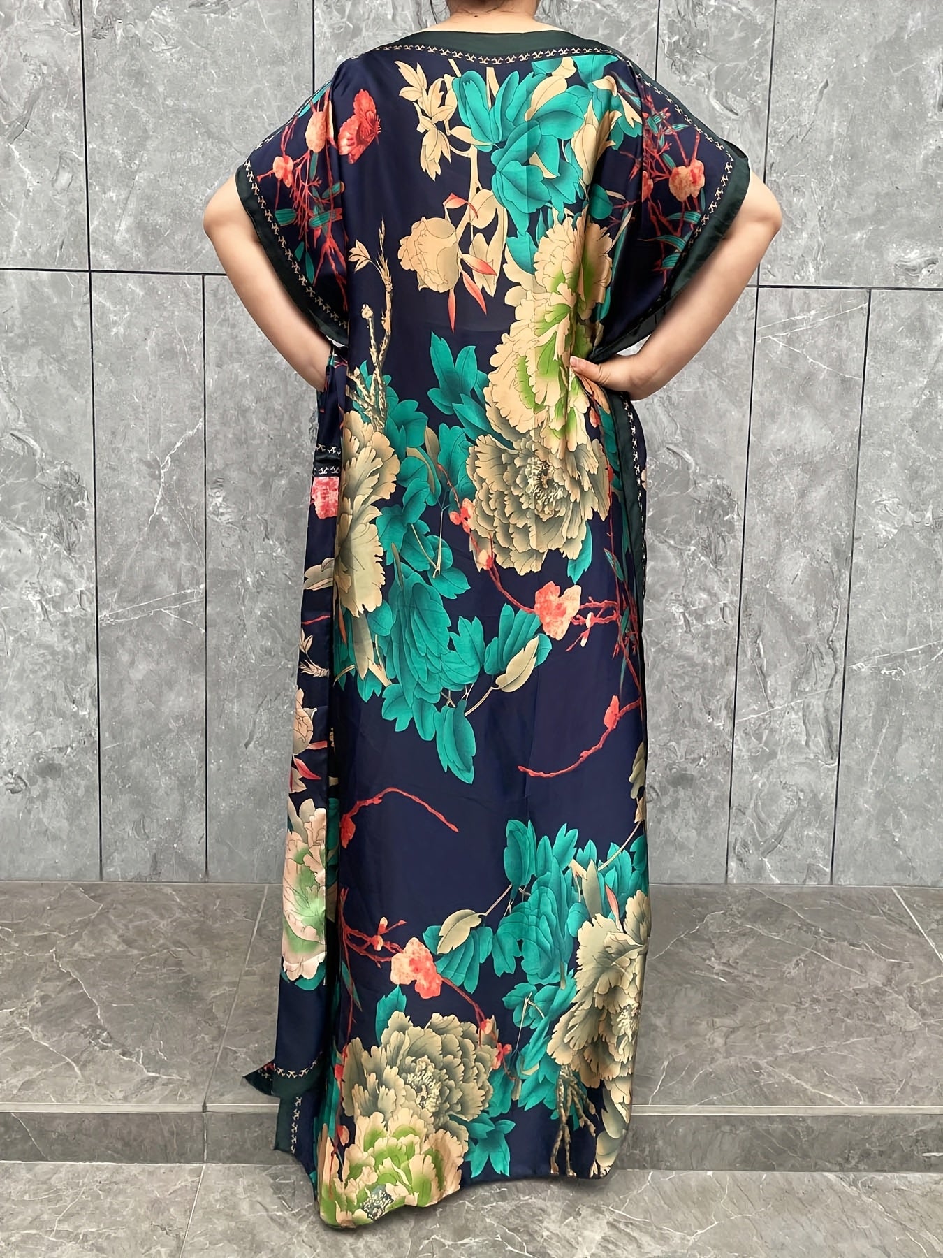 Plus Size Floral Print Maxi Kaftan Dress Short Sleeve Summer Beach Coverup