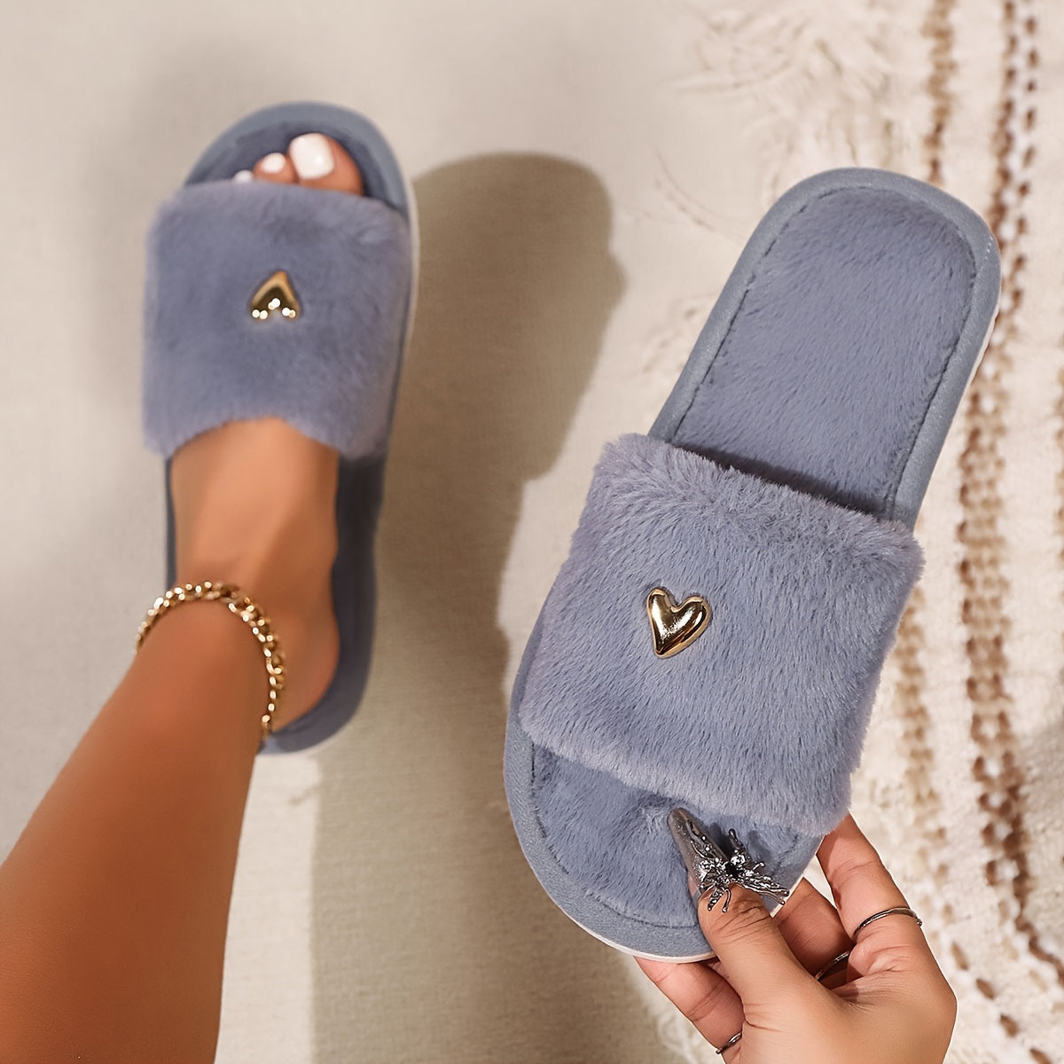 Women’s Plush Slip-On Slippers with Heart Decor for All Seasons