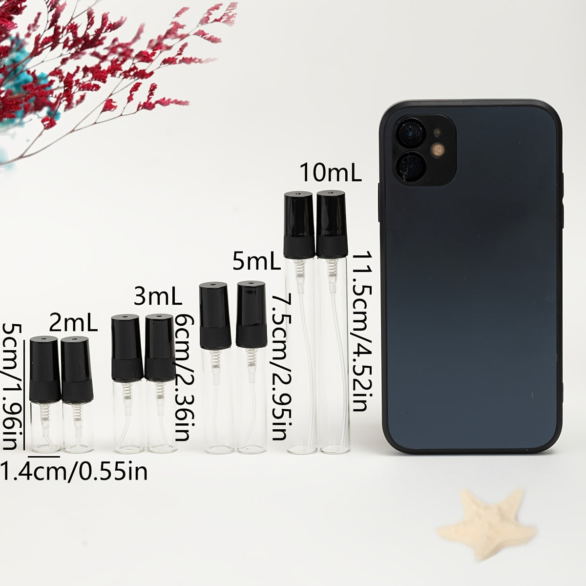 56 прозрачных стеклянных флаконов для духов с многоразовыми распылителями различных размеров, идеально подходящих для путешествий и увлажнения.