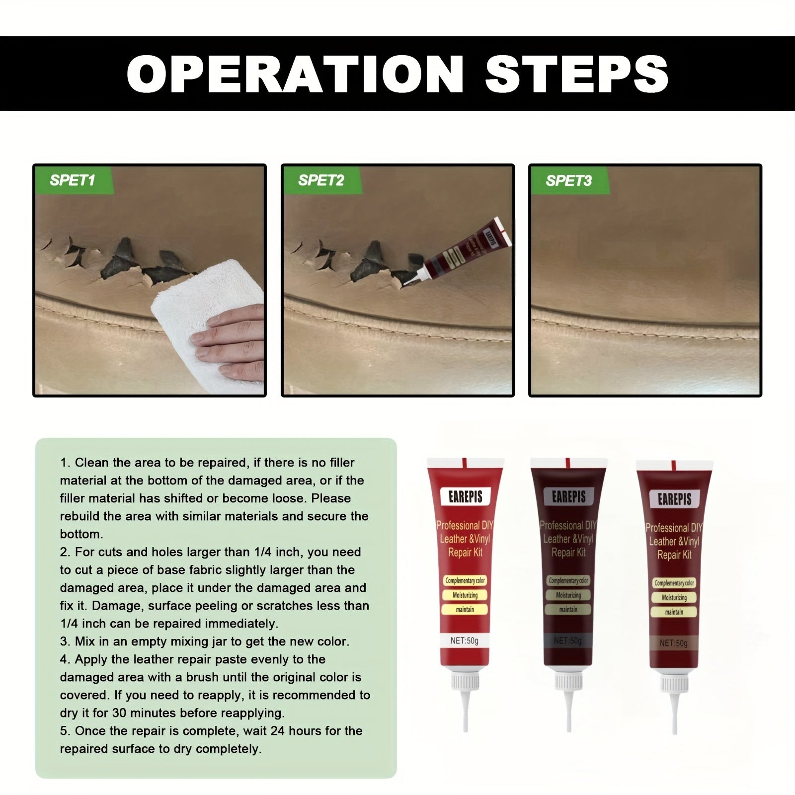 Kit de reparación de cuero y vinilo universal de 50 g para sofá, zapatos, grietas y reparación de agujeros