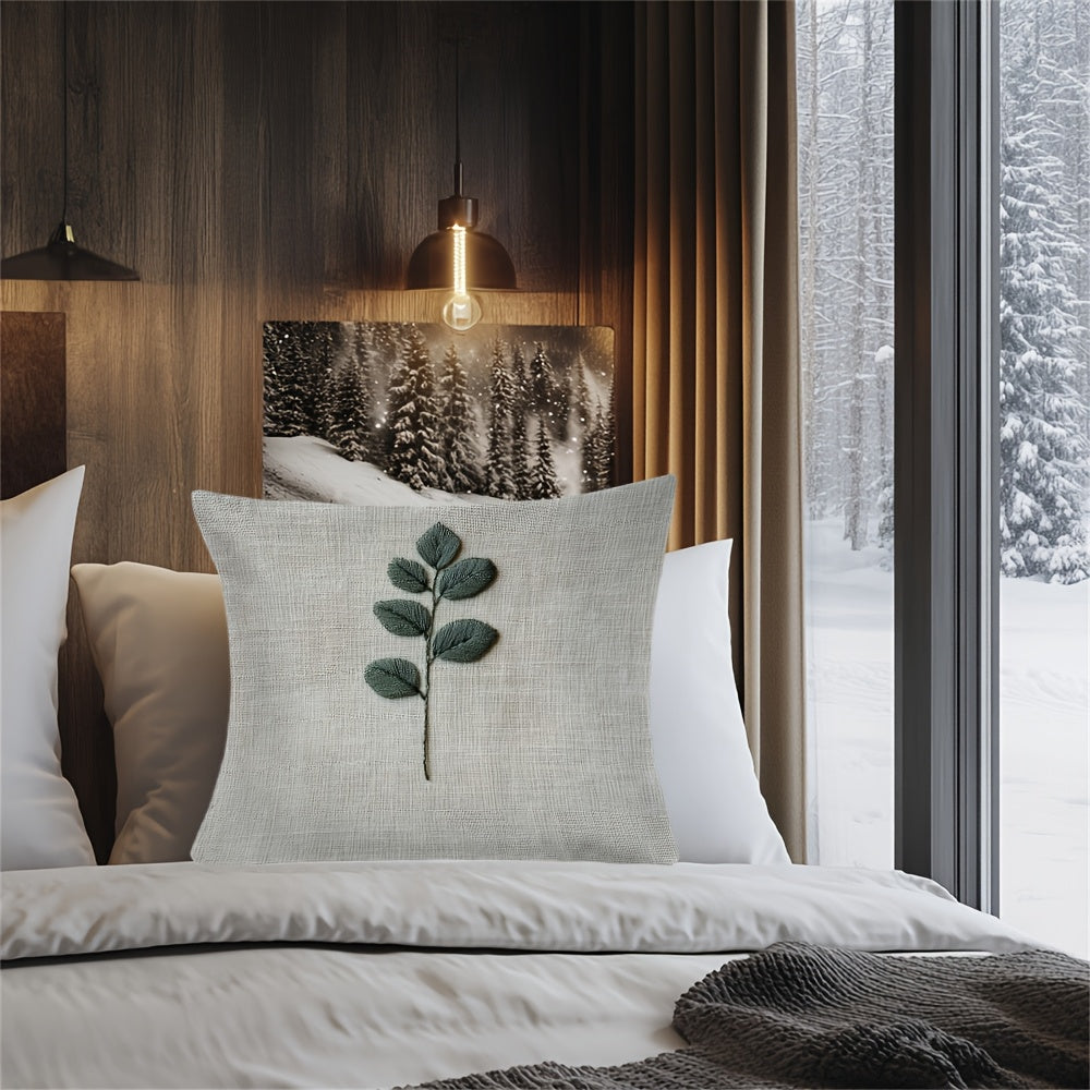 Embroidered Leaf Pattern Cushion Cover Soft Short Plush Polyester Square Zippered Decor