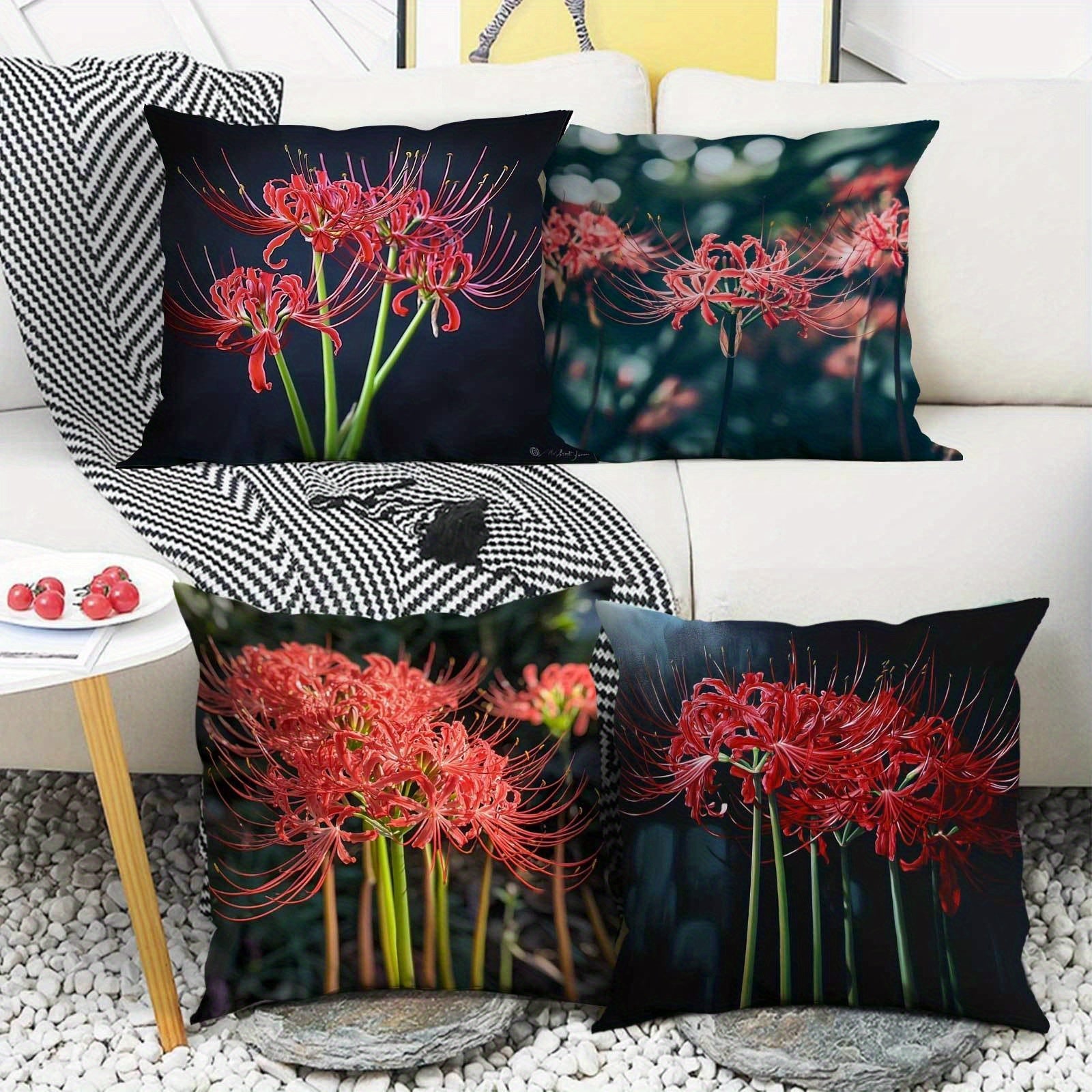 Set of 4 Red Floral Throw Pillow Covers with Zipper Closure Machine Washable for Sofa Bed Patio