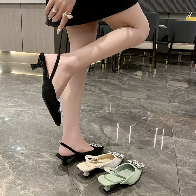 Women's Kitten Heel Sandals with Rhinestone Buckle Pointed Toe All-Season Light Green Beige Black
