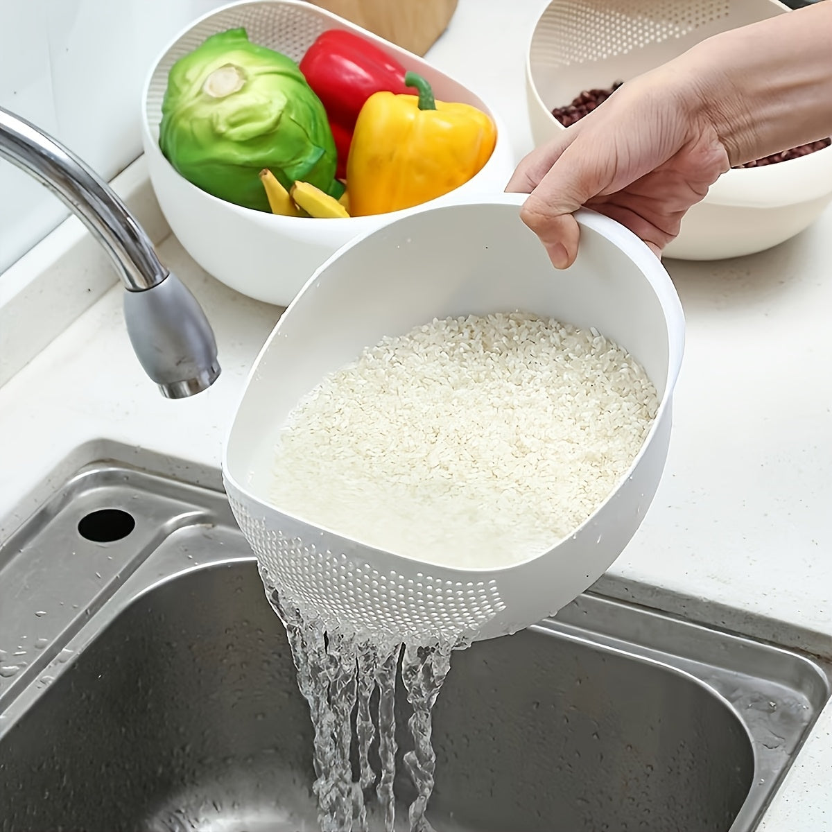 Plastic Kitchen Strainer Basket for Fruits Vegetables Rice Grains
