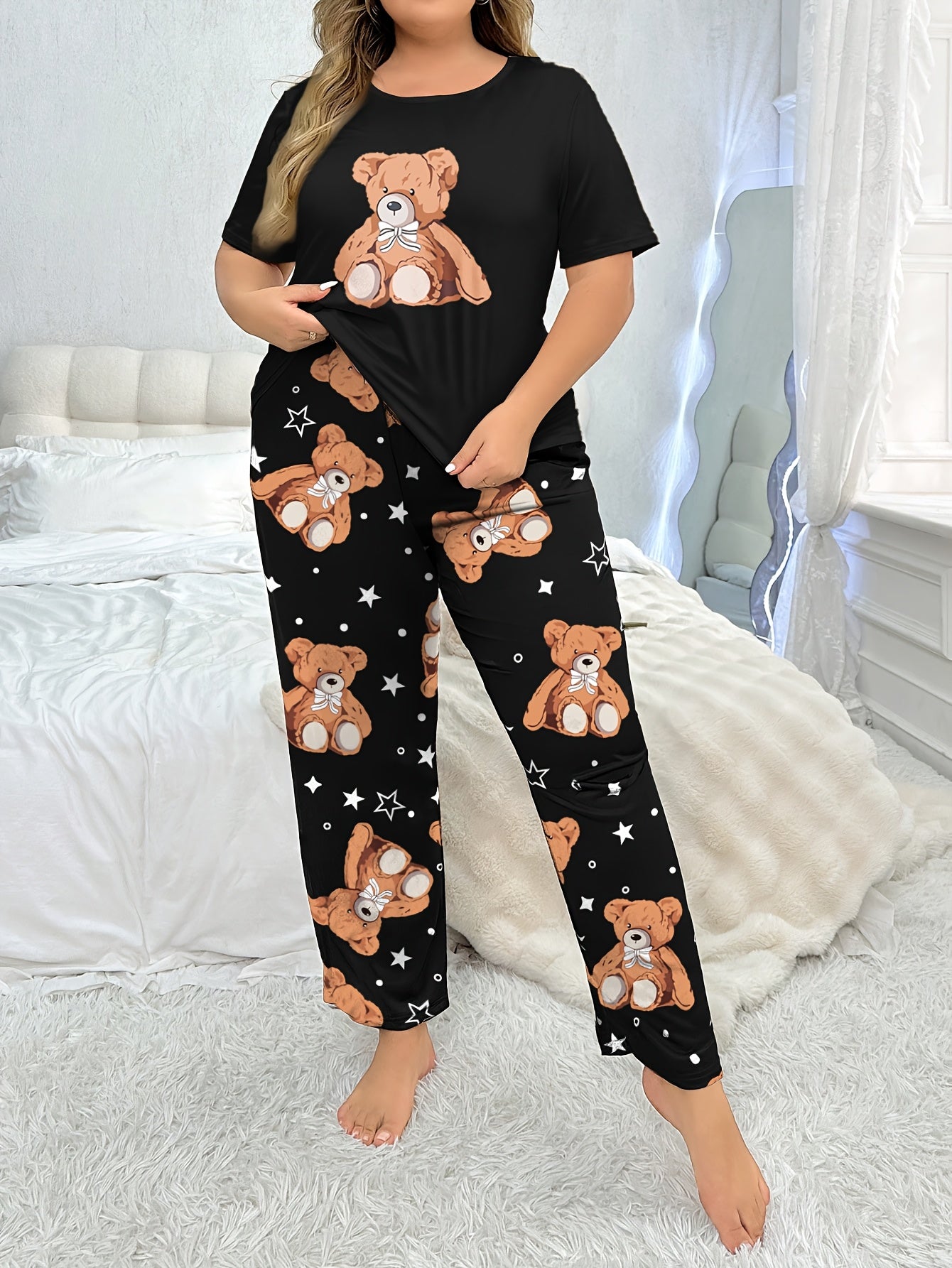 Women's Plus Size Pajama Set Short Sleeve Bear Print Stretch Knit All-Season