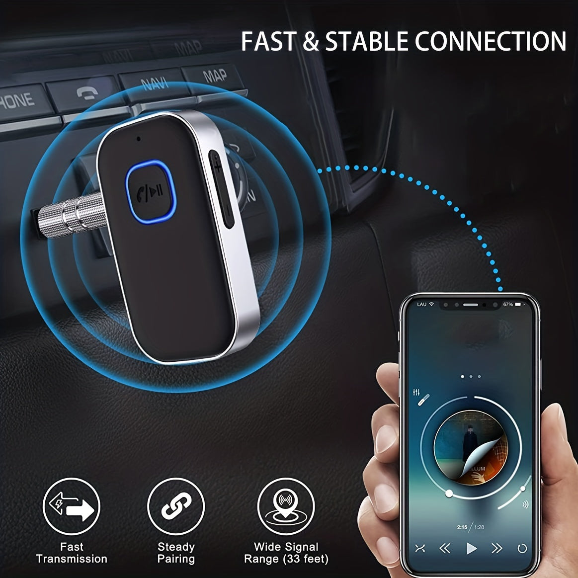 Wireless Car Receiver AUX Adapter Hands-Free Calls Noise Cancelling