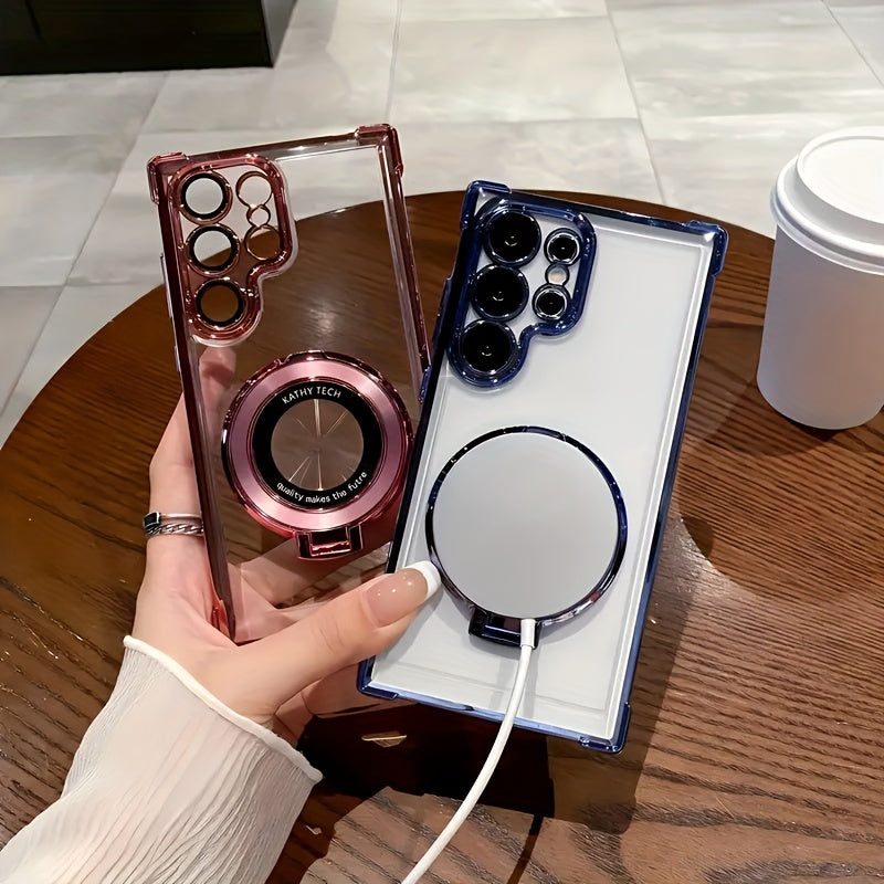 Transparent Electroplated Magnetic Absorption Phone Case for Samsung Galaxy S24 Ultra with Stand and Lens Protection