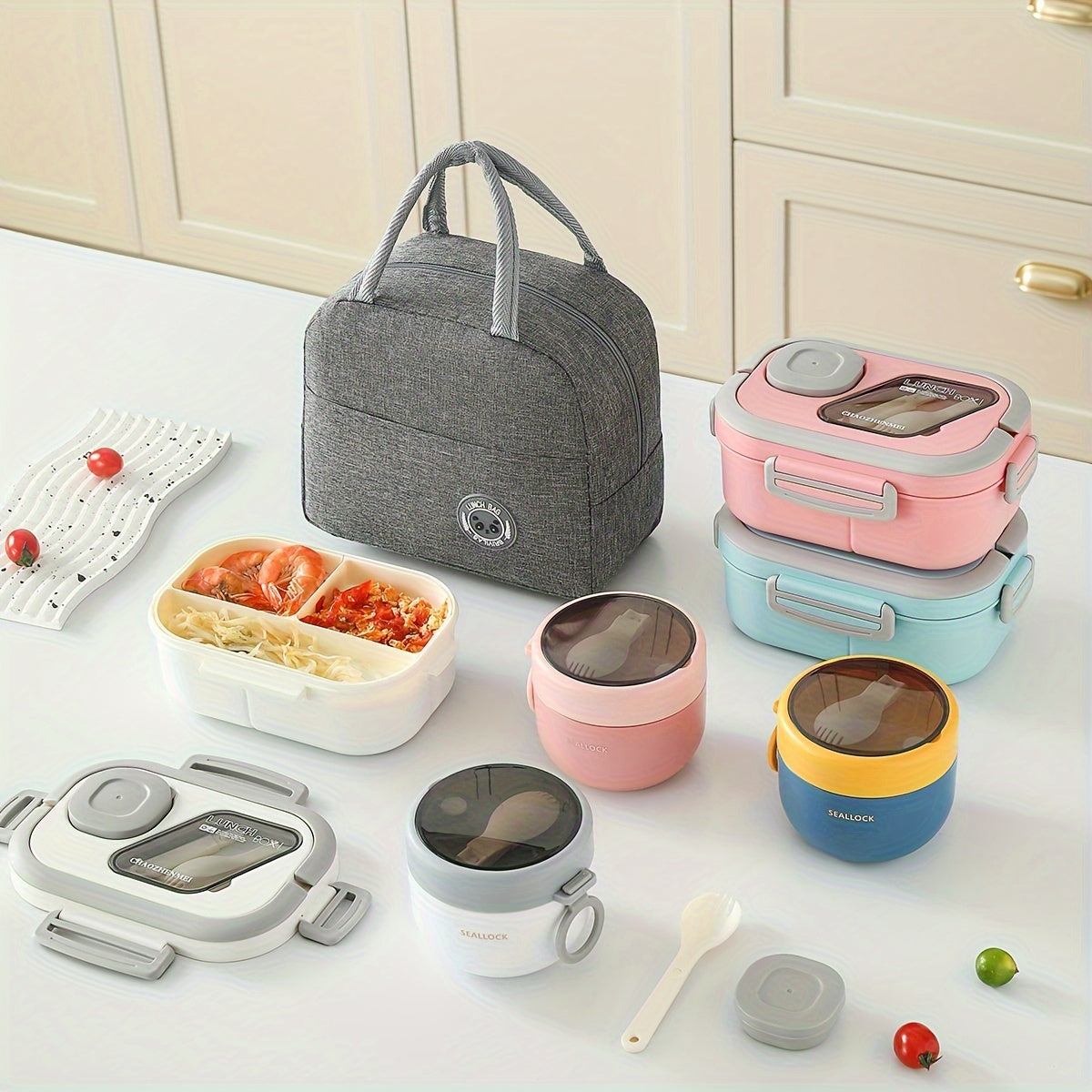 3-ta qismli portativ tushlik sumkasi to'plami, issiqlik sumkasi, tushlik qutisi va jo'xori uni uchun kubok, talabalar uchun