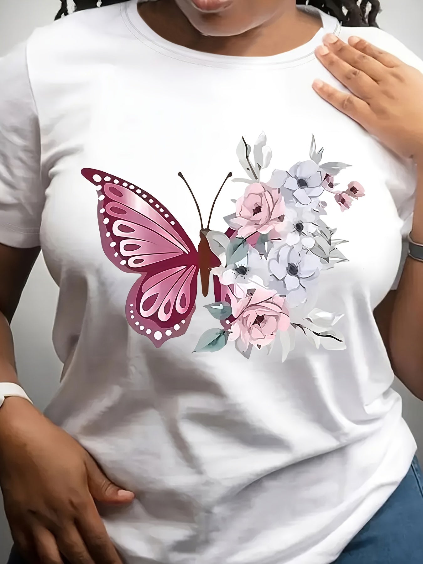 Women's White Casual Butterfly Floral Print T-Shirt Round Neck