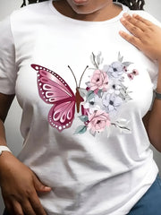 Women's White Casual Butterfly Floral Print T-Shirt Round Neck