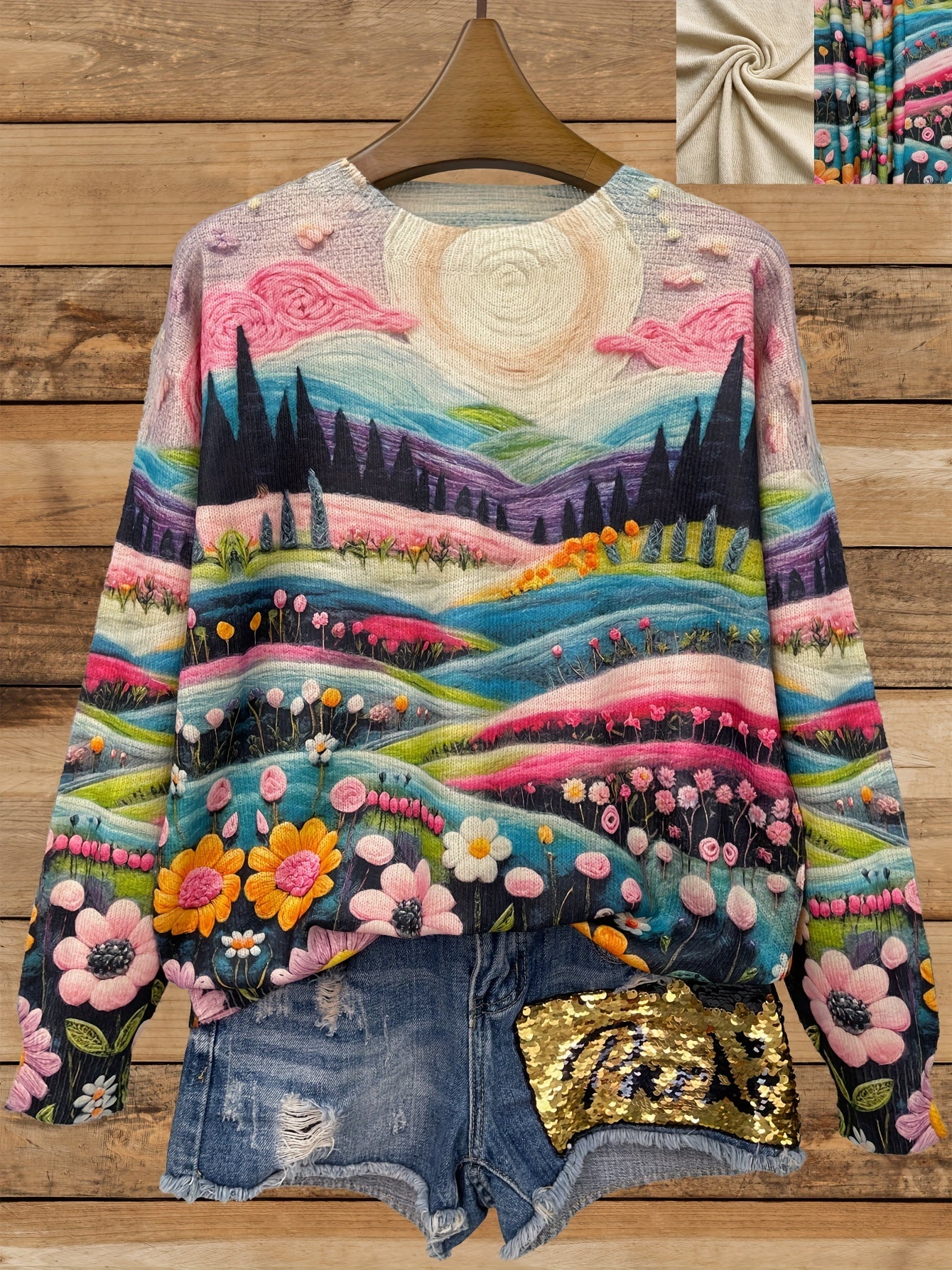 Suéter de punto de manga larga con cuello redondo y estampado floral para mujer talla grande