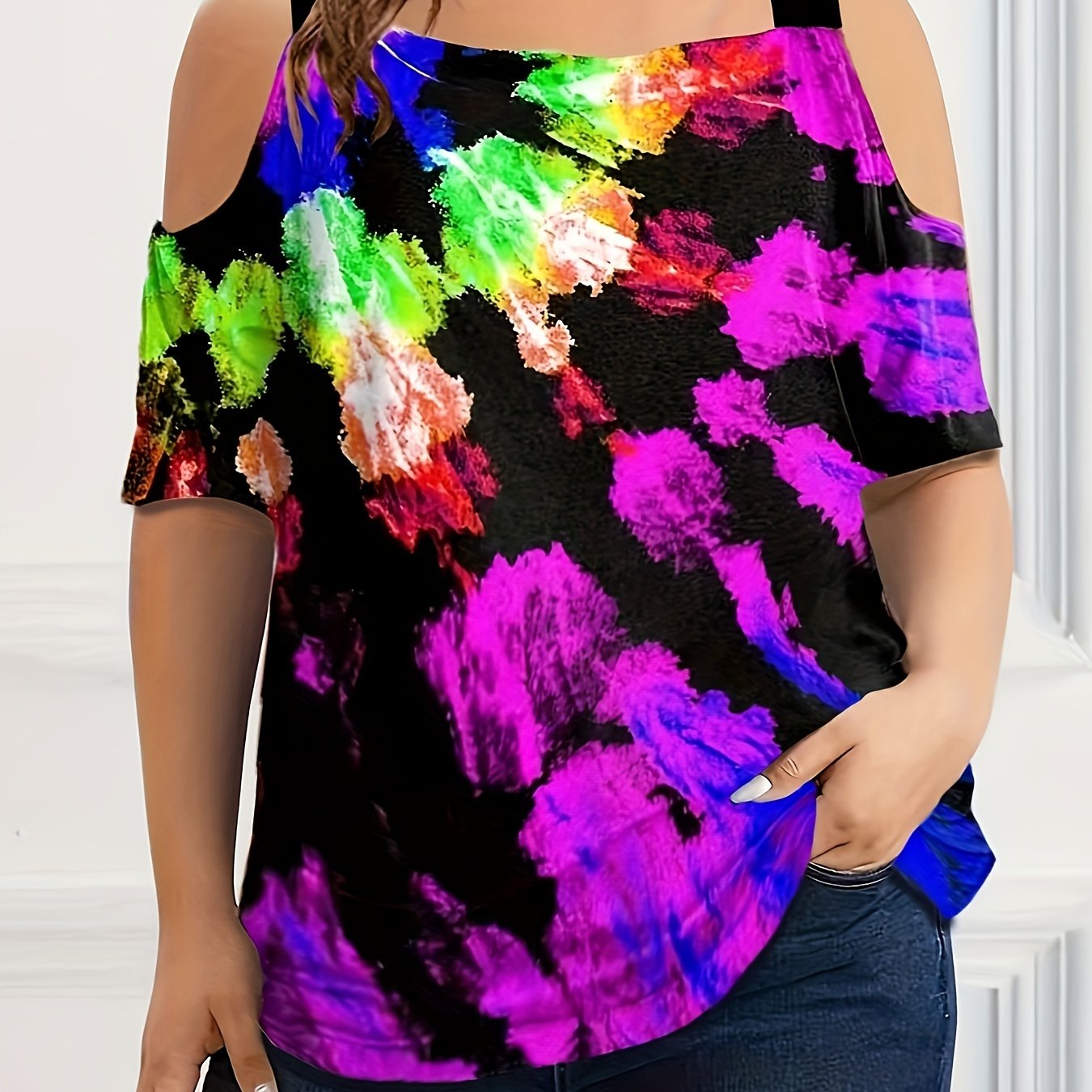 Plus Size Floral Print Cold Shoulder T Shirt for Women Spring Summer Casual Polyester