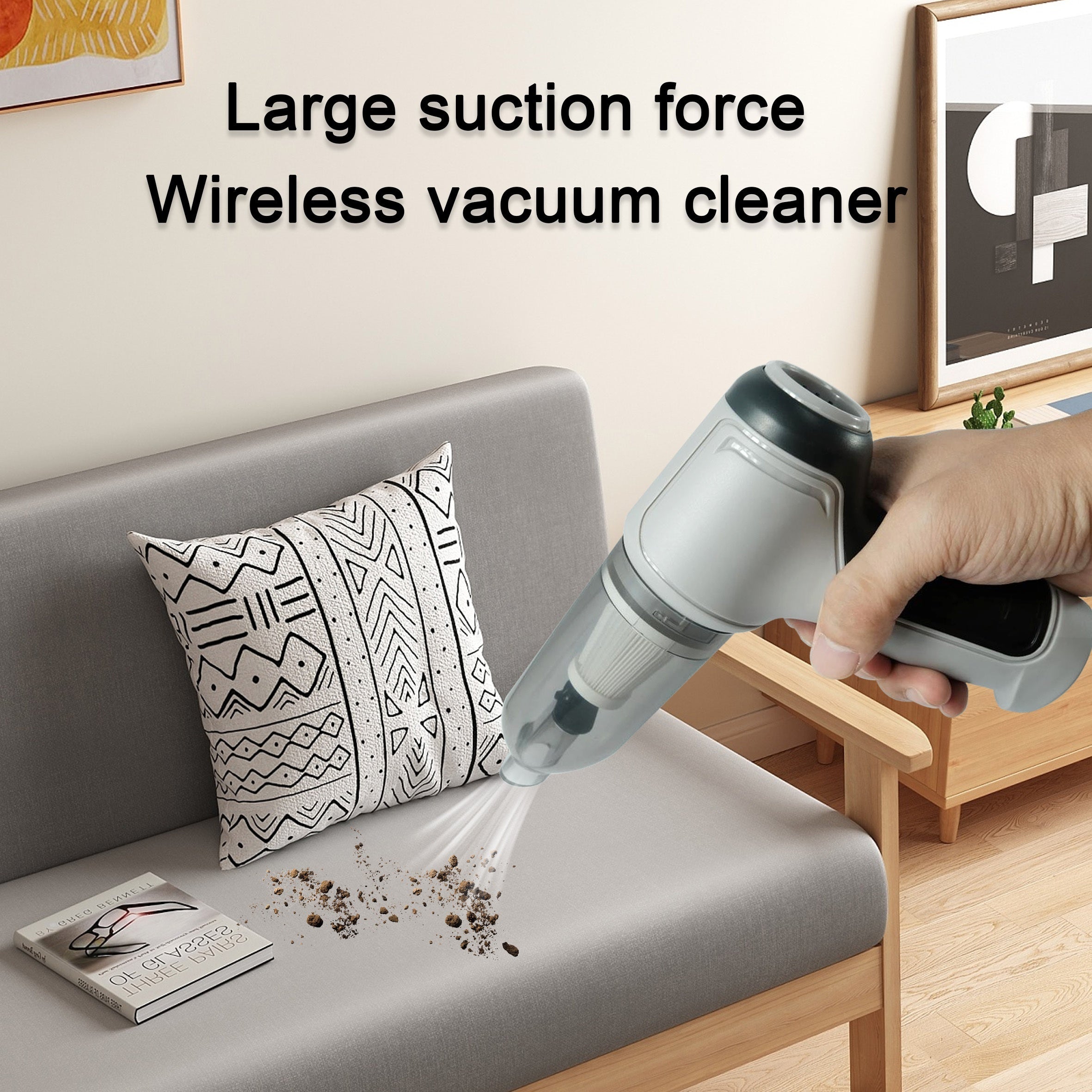 Portativ, simsiz mini qo'l vakuum tozalagichi avtomobil va uyda foydalanish uchun. Yuqori samaradorlik bilan USB orqali zaryadlanadi. Uy hayvonlari sochlarini tozalash uchun ideal. Kulrang/Yashil rang.