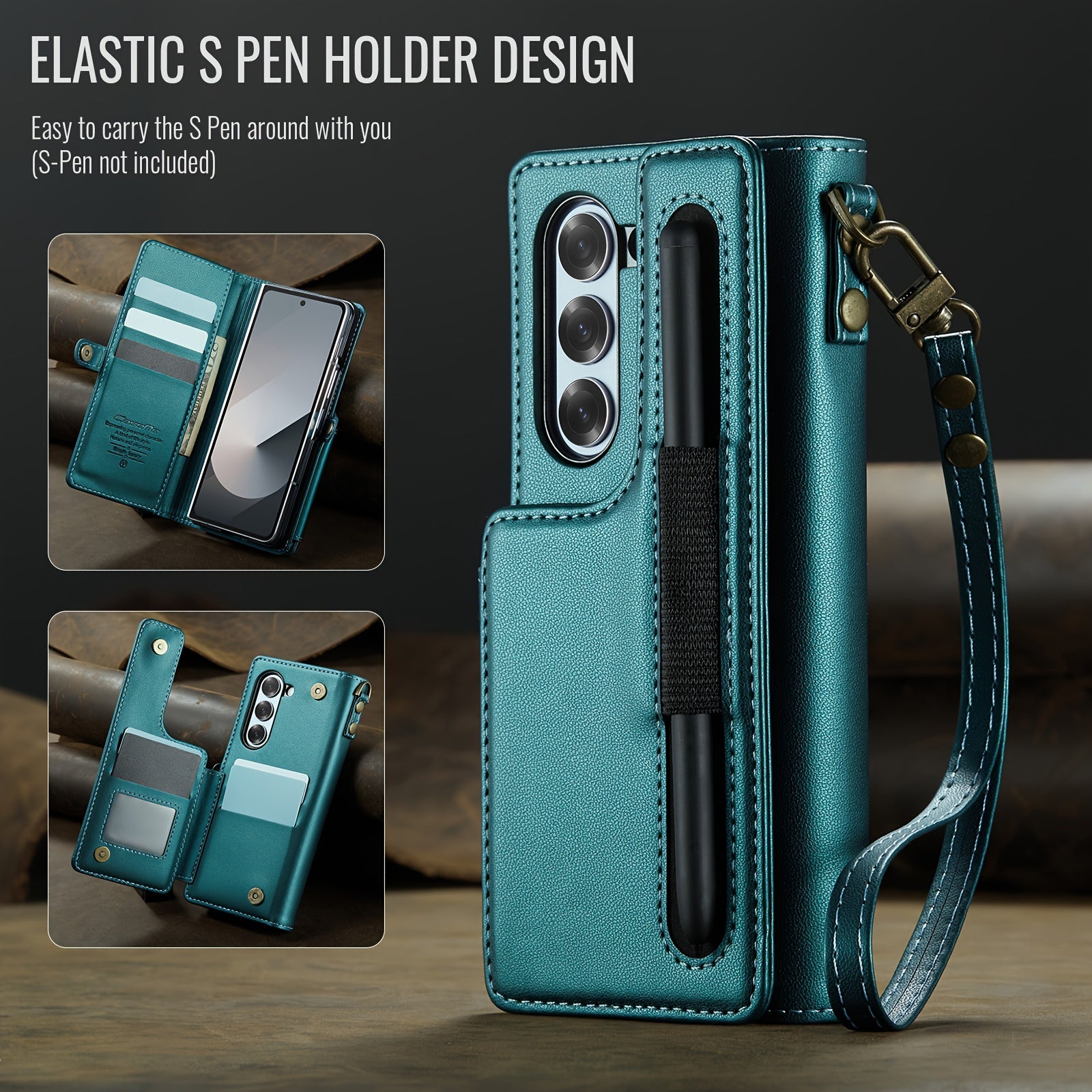 Galaxy Z Fold 6 Faux Leather Wallet Case with RFID Blocking Holder Pen Slot Wrist Strap