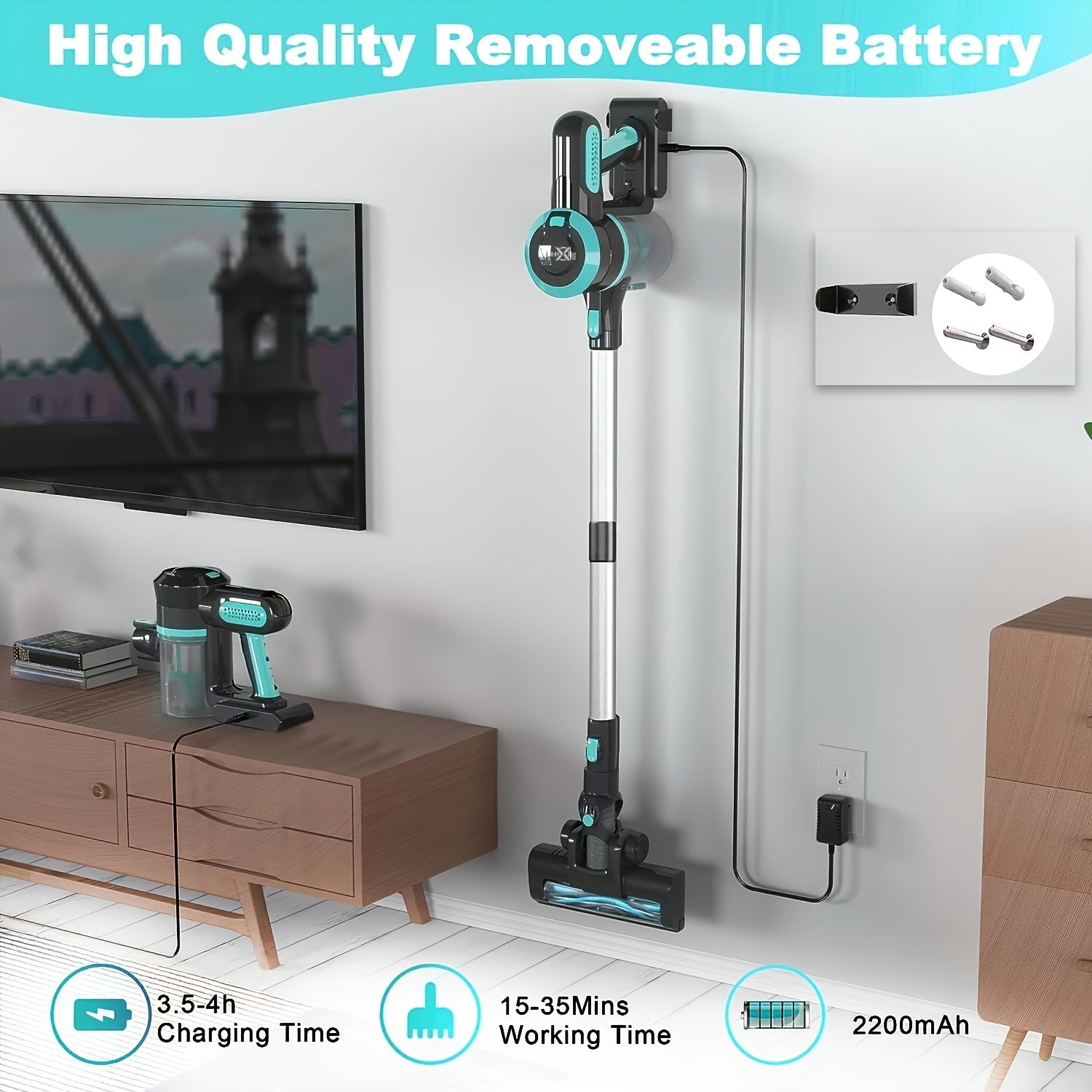 Kabelsiz tayoqcha changyutgich 25Kpa tortish kuchi 180° egiluvchan tayoqchali, qayta to'ldiriladigan, yog'och pol uchun, it sochlari uchun