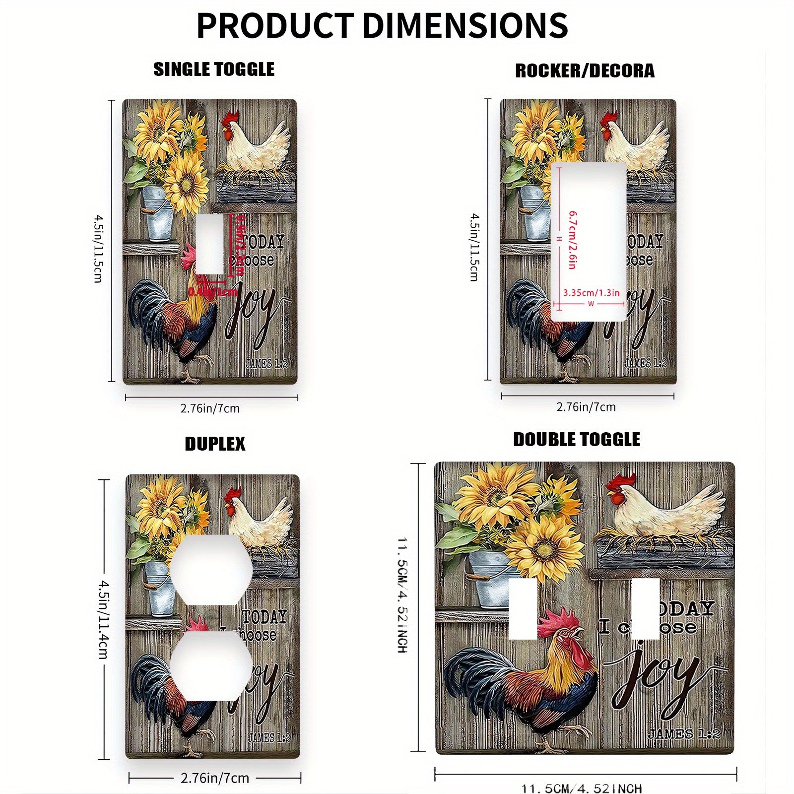 Rustic Rooster Light Switch Cover Decorative Wall Plate Easy Install Battery-Free for Home Kitchen Bedroom