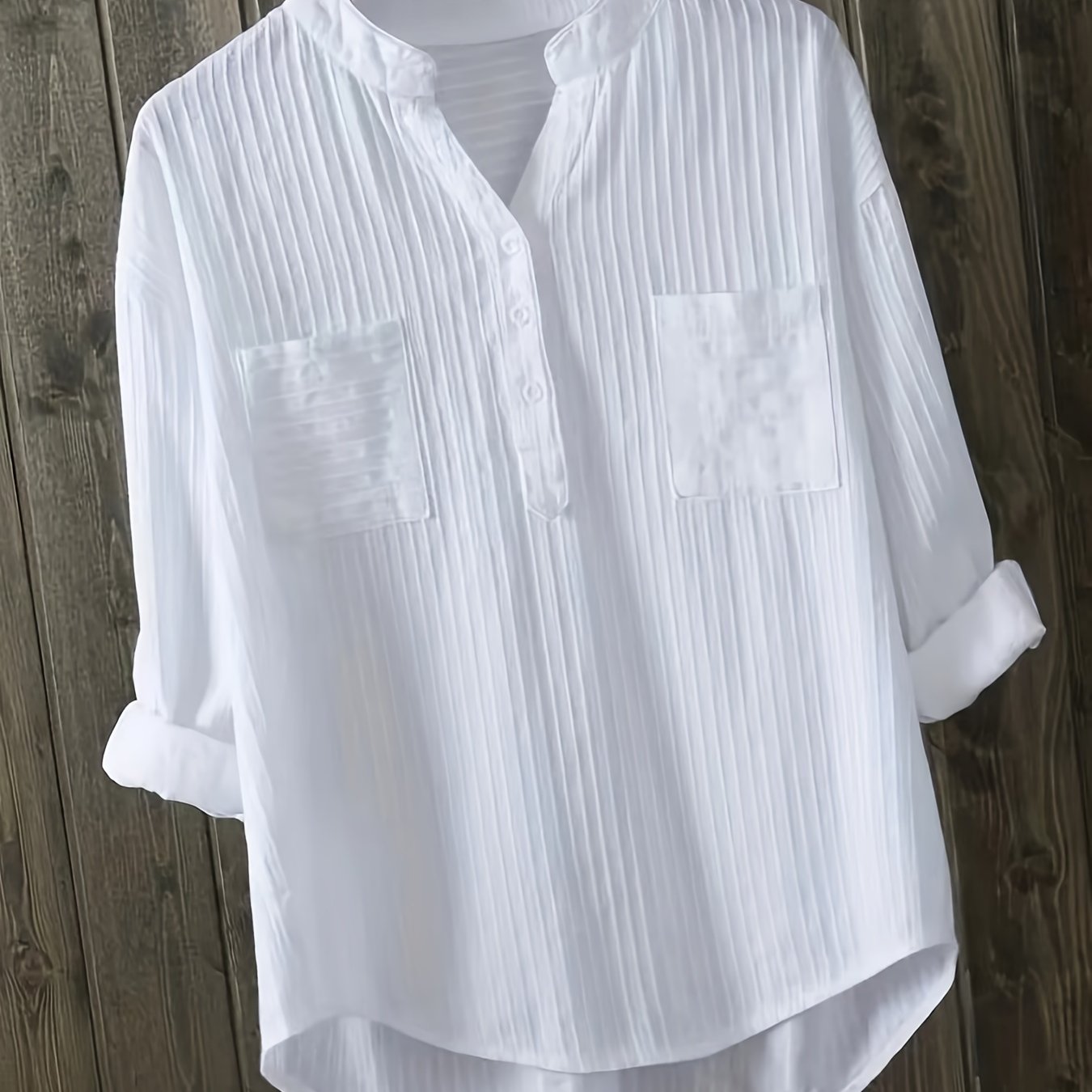 Women's White Linen Blend Shirt with Long Sleeves V-Neck Button Casual