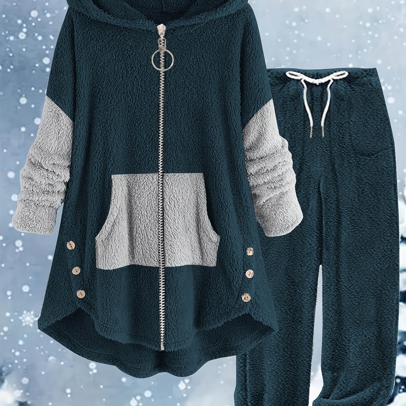 Ayollar uchun ikki qismli to'plam: Katta o'lchamdagi rangli blokli mo'ynali palto va mos keladigan sport shimlari