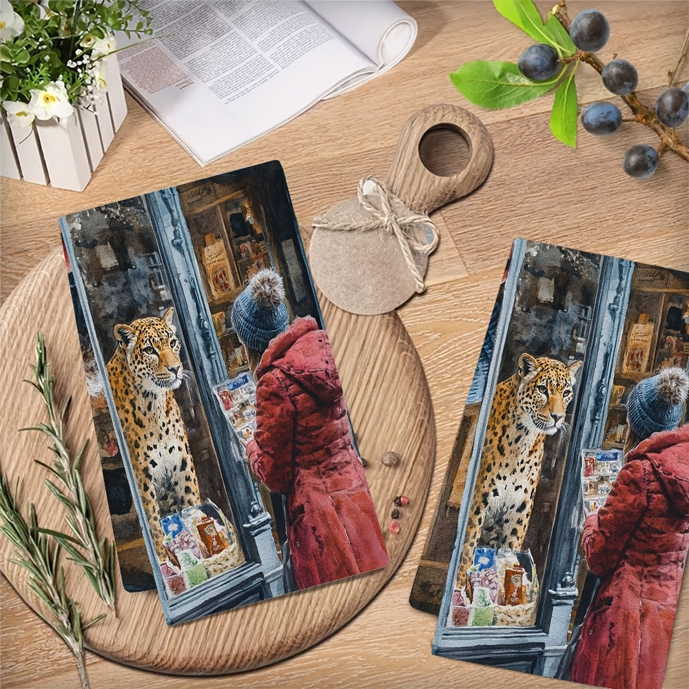 2 ta Ultra Soft oshxona sochiqlari to'plami, xayoliy leopard, inson bilan uchrashuv, 40x60 sm