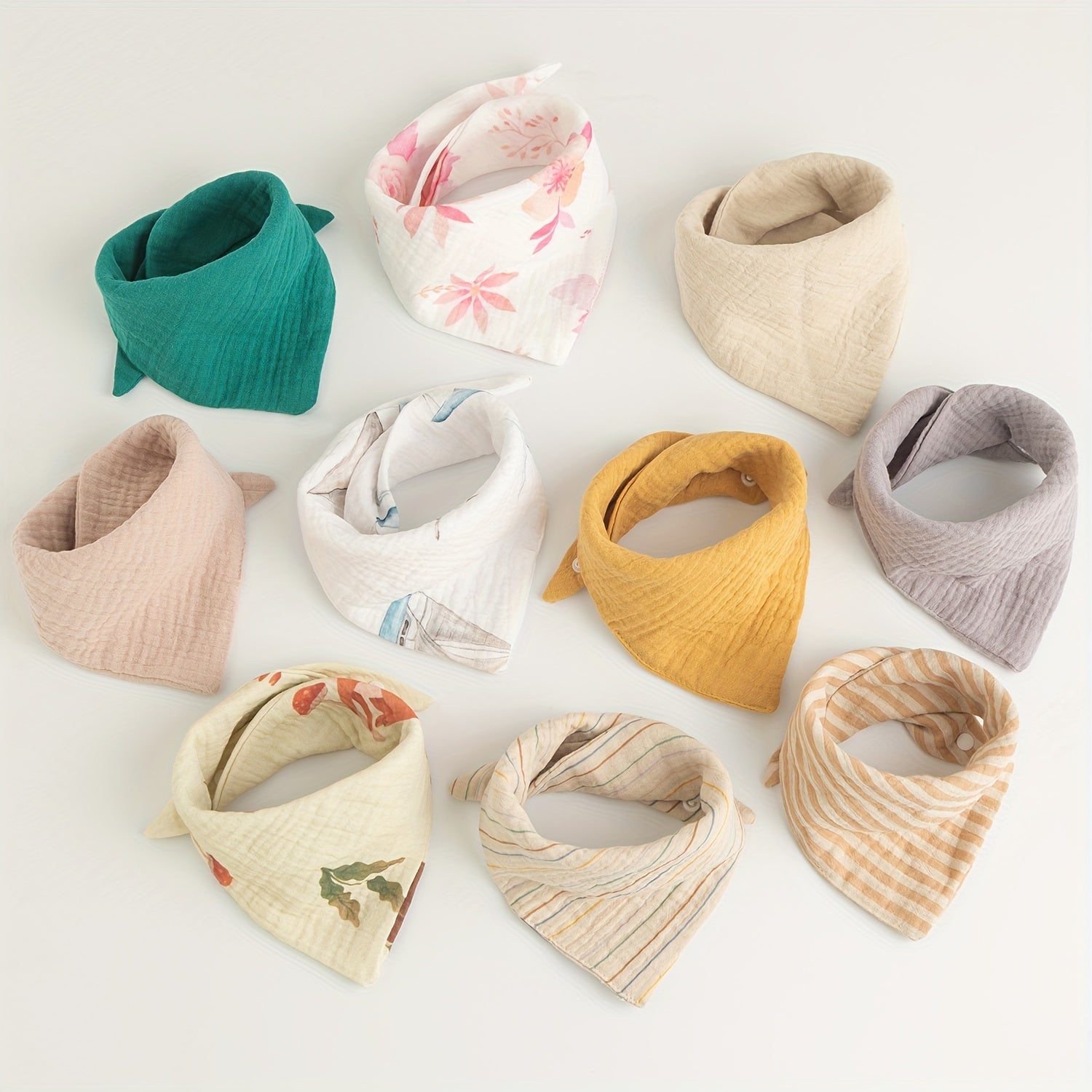 Juego de 10 baberos de muselina para niños, toallas absorbentes en forma de triángulo con cierre de botón