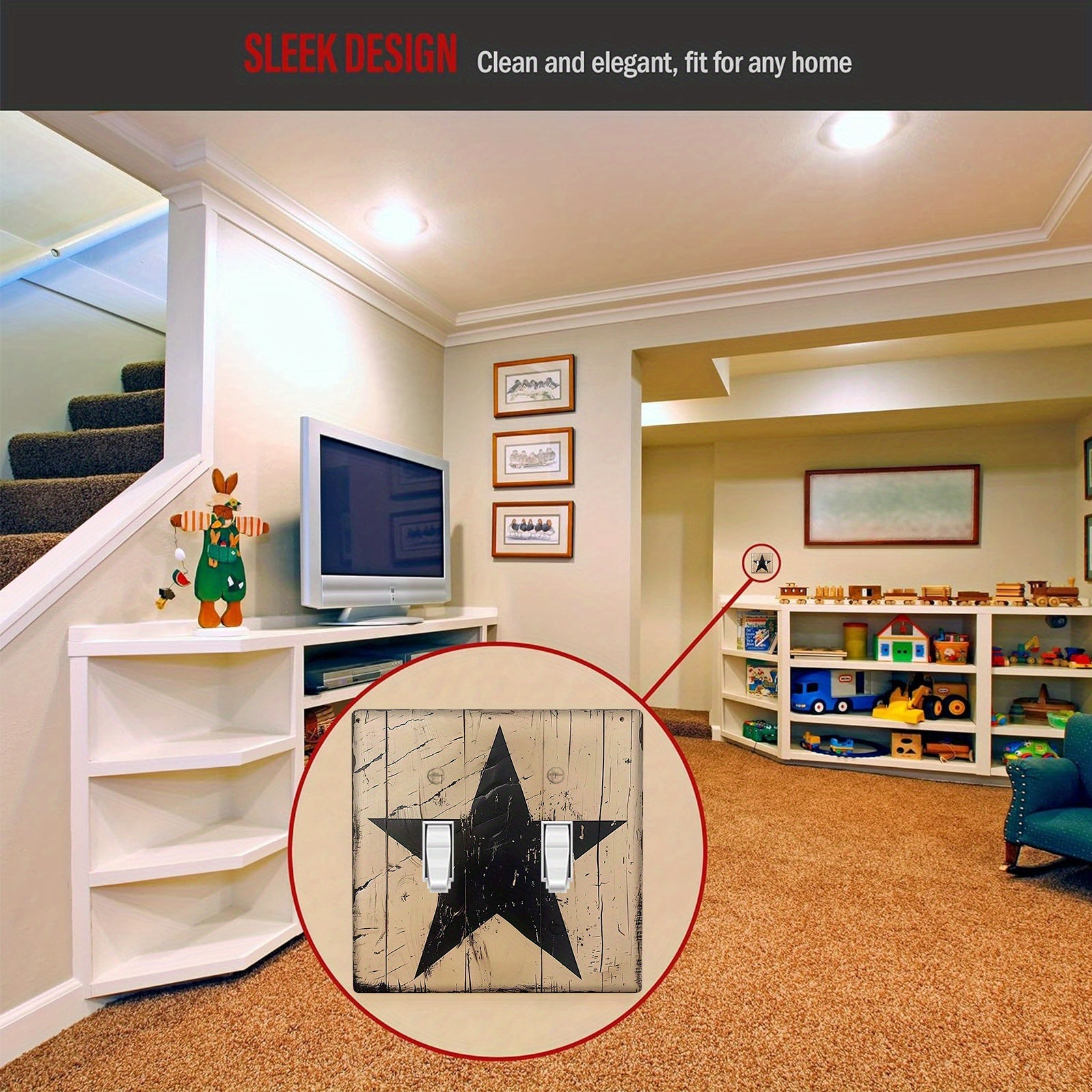 Qo'l bilan bo'yalgan rustik qora yulduz devor plitkasi yengil kalitlarga bezak qo'shadi. Elektr energiyasi talab qilinmaydi, tozalash oson, qishloq uslubidagi hammom yoki yotoq xonasi bezaklari uchun mos. Yagona va ikki gang variantlarida mavjud.