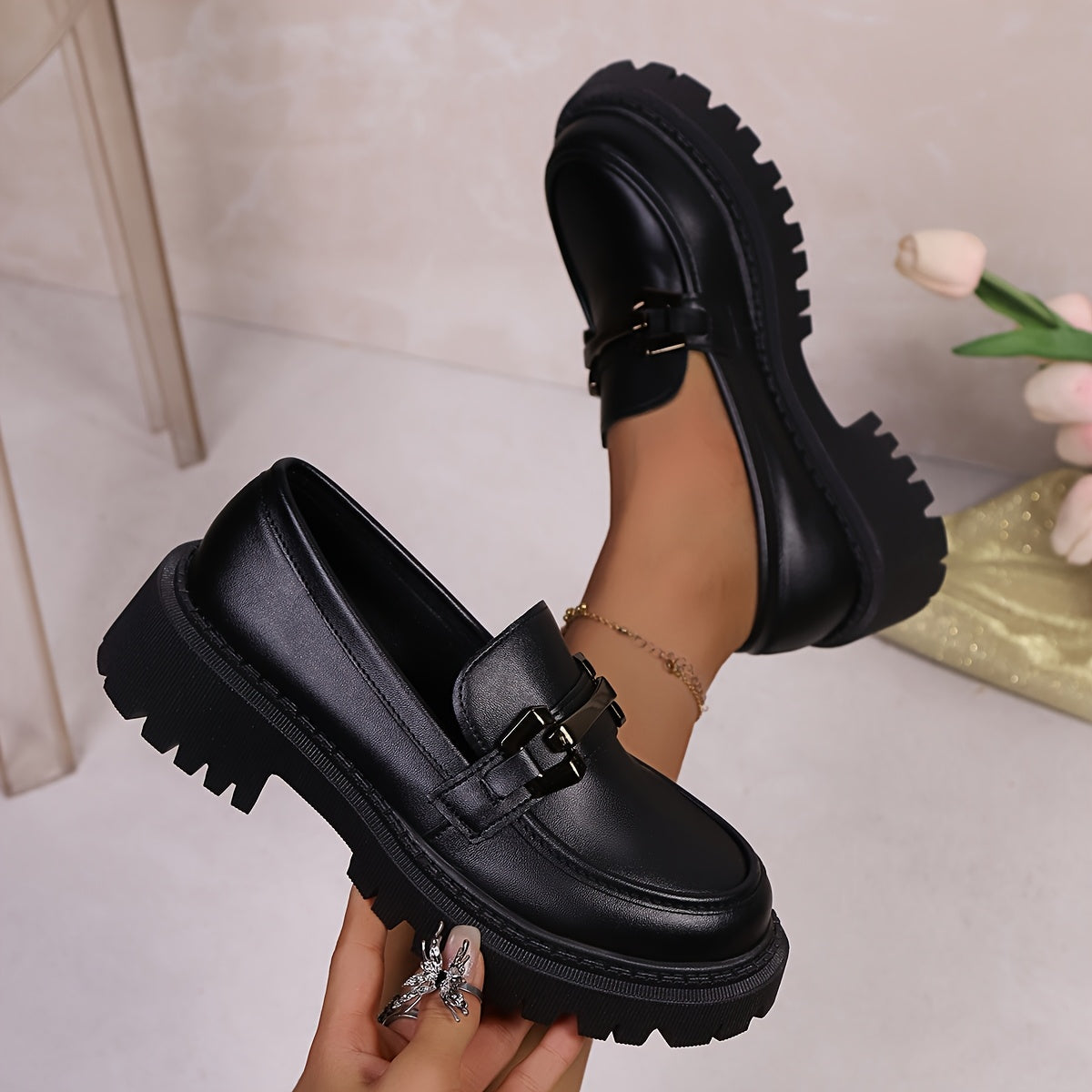 Women's Chunky Platform Loafers with Metal Chain Buckle Casual Slip-On Shoes