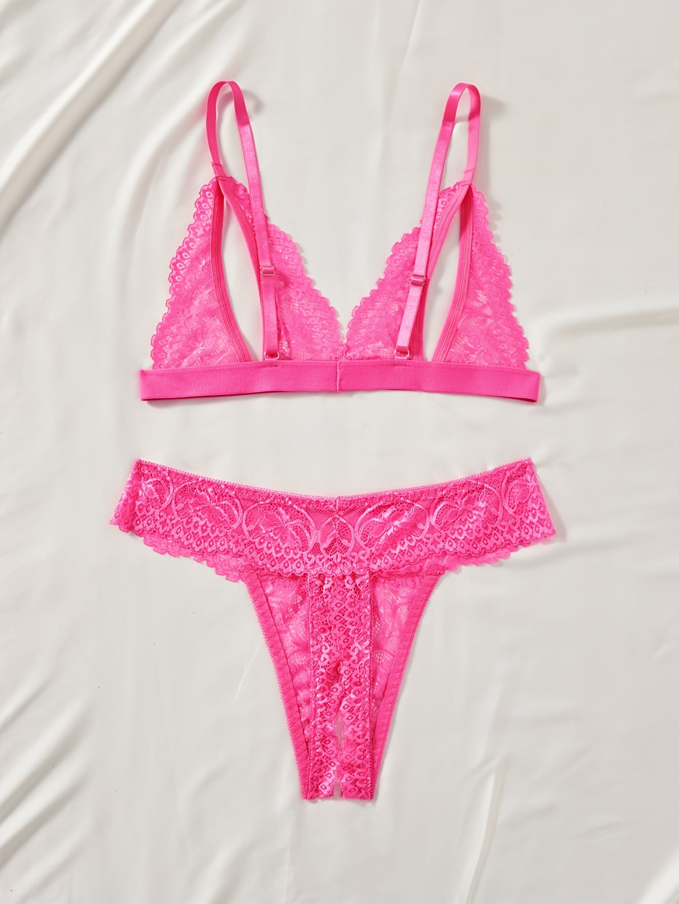 Women's Floral Lace Lingerie Set with Open Cup Triangle Bra and Crotchless Thong