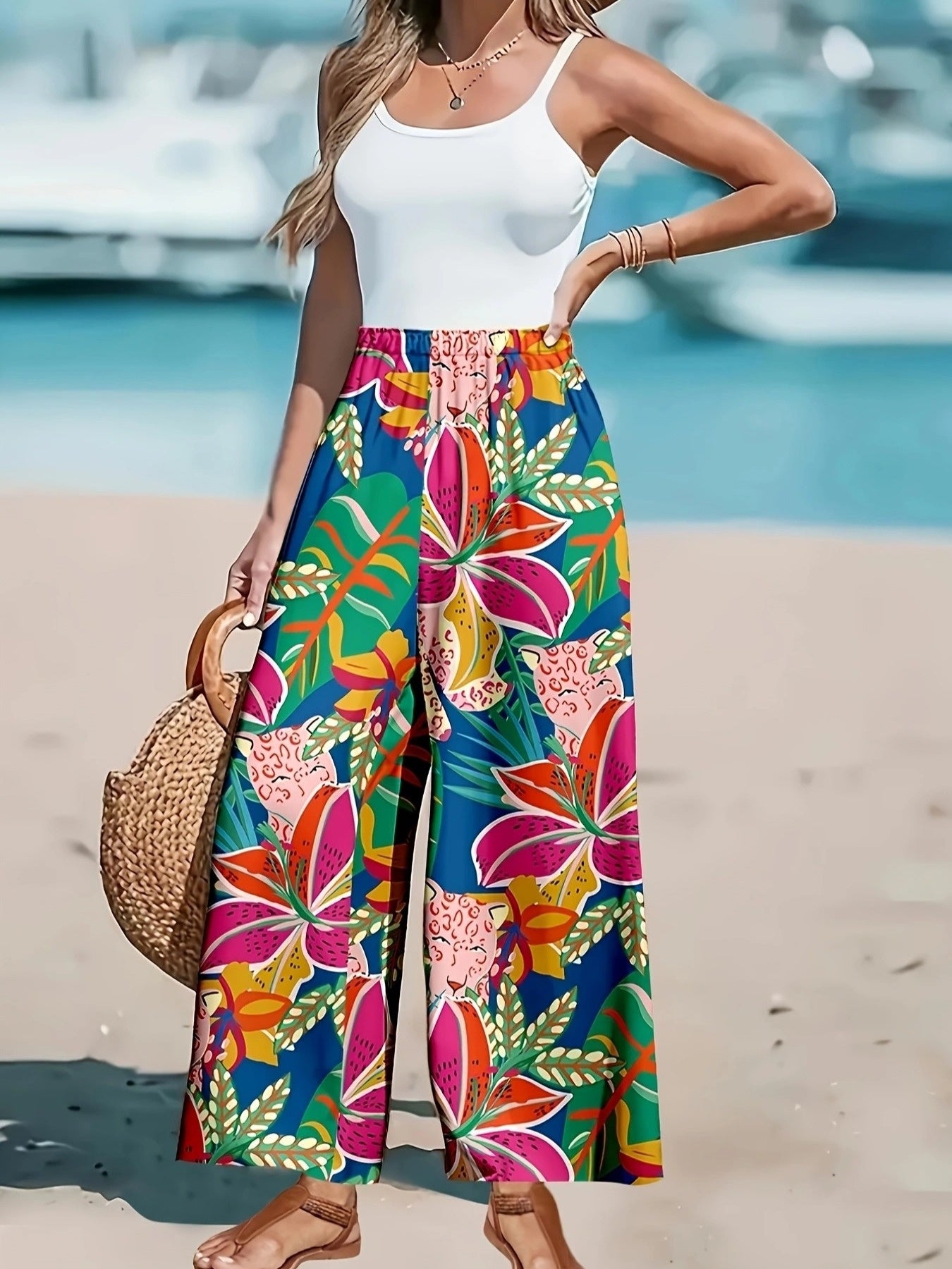 Women's Plus Size Tropical Print High-Waisted Loose Pants Casual Vacation Wear