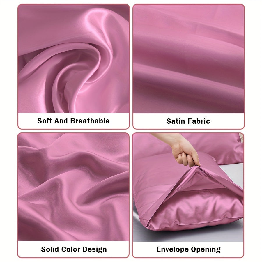 Set of 2 Satin Pillowcases Envelope Closure Skin-Friendly Solid Color Bedroom Decor
