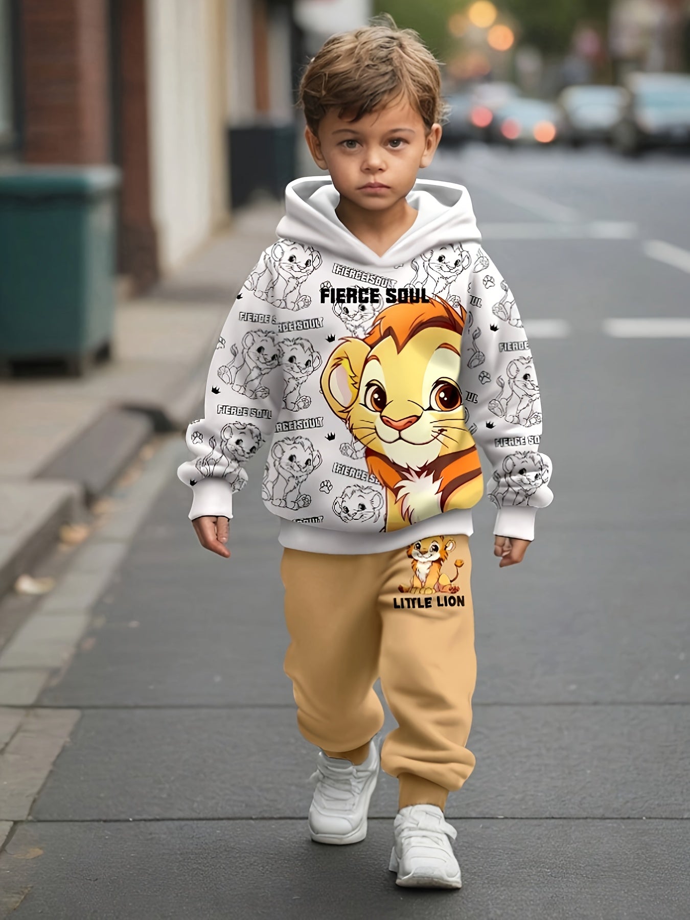 Boys' Fall Winter Lion Print Hoodie and Sweatpants Set Kids Casual Animal Pattern Polyester