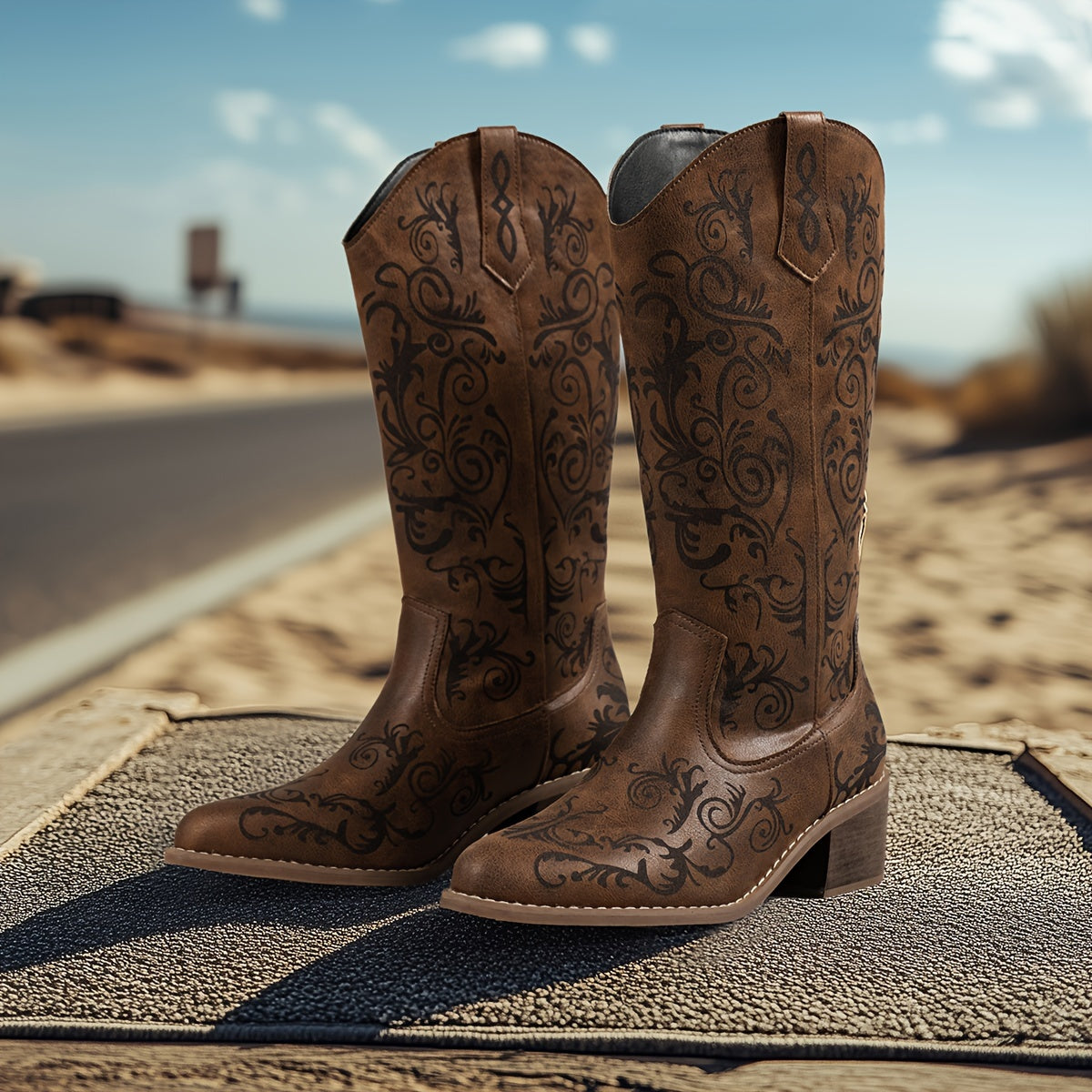 Women's Brown Laser-Cut Floral Mid-Calf Boots with Wooden Heel