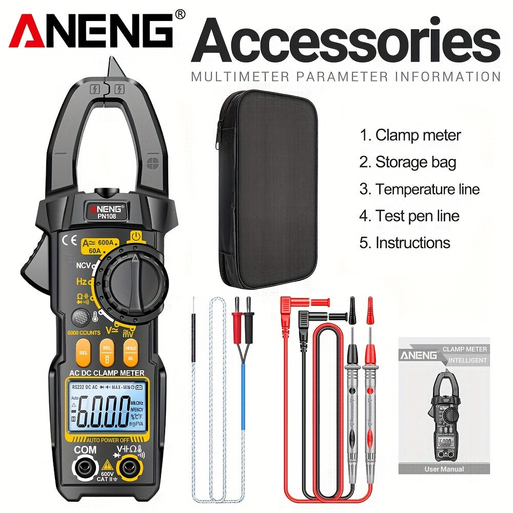 Clamp Meter with 6000 Counts for AC/DC Voltage, 600A Current, Resistance and Capacitance
