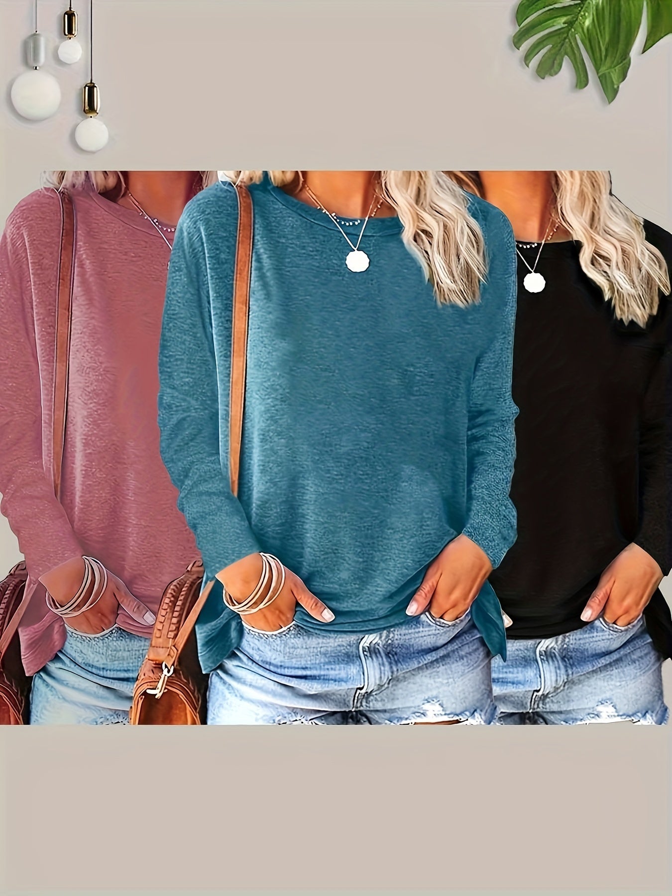 Women's Long Sleeve Crew Neck Tops 3-Pack Solid Knit Stretch Fall Spring